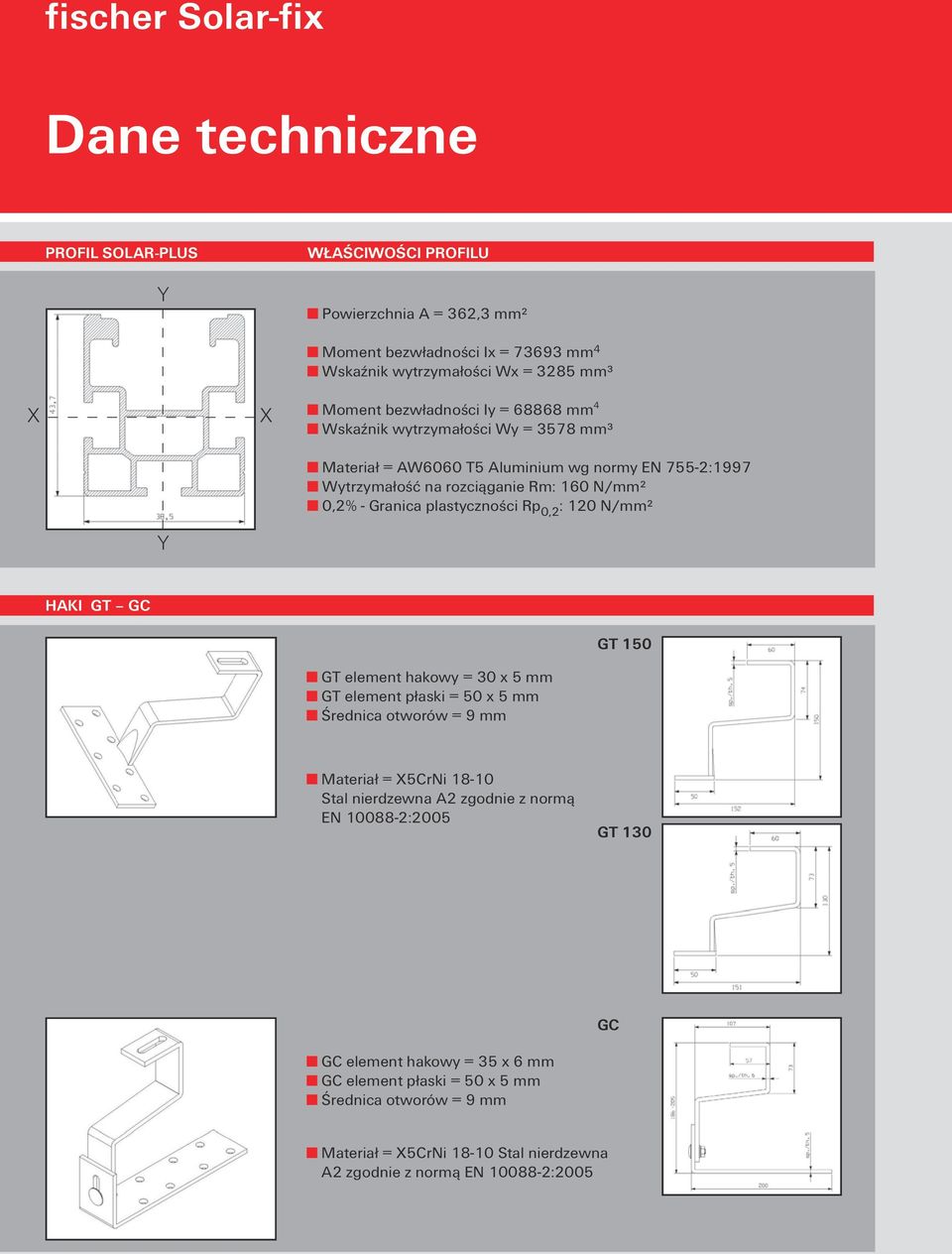 plastyczności Rp 0,2 : 120 N/mm² Y HAKI GT GC GT 150 GT element hakowy = 30 x 5 mm GT element płaski = 50 x 5 mm Średnica otworów = 9 mm Materiał = X5CrNi 18-10 Stal nierdzewna A2