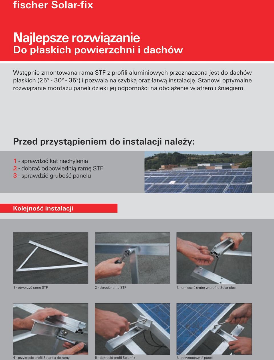 Przed przystąpieniem do instalacji należy: 1 - sprawdzić kąt nachylenia 2 - dobrać odpowiednią ramę STF 3 - sprawdzić grubość panelu Kolejność instalacji 1 -