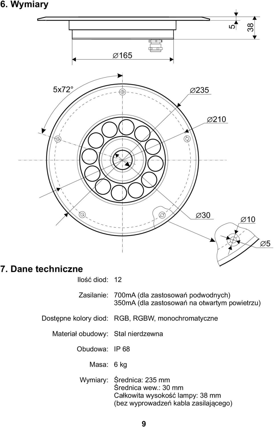 Wymiary: 12 700mA (dla zastosowań podwodnych) 350mA (dla zastosowań na otwartym powietrzu) RGB,