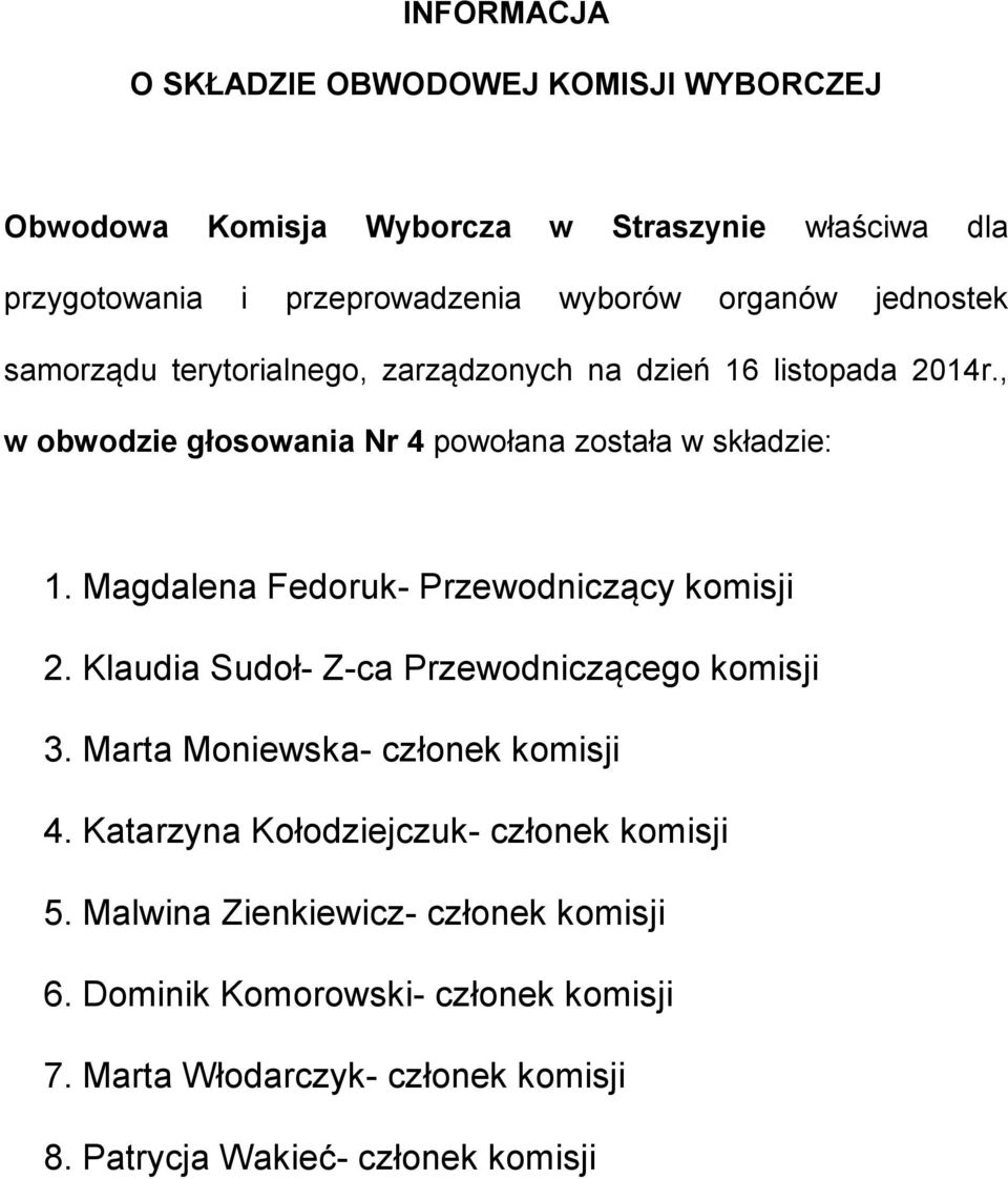 Marta Moniewska- członek komisji 4. Katarzyna Kołodziejczuk- członek komisji 5.