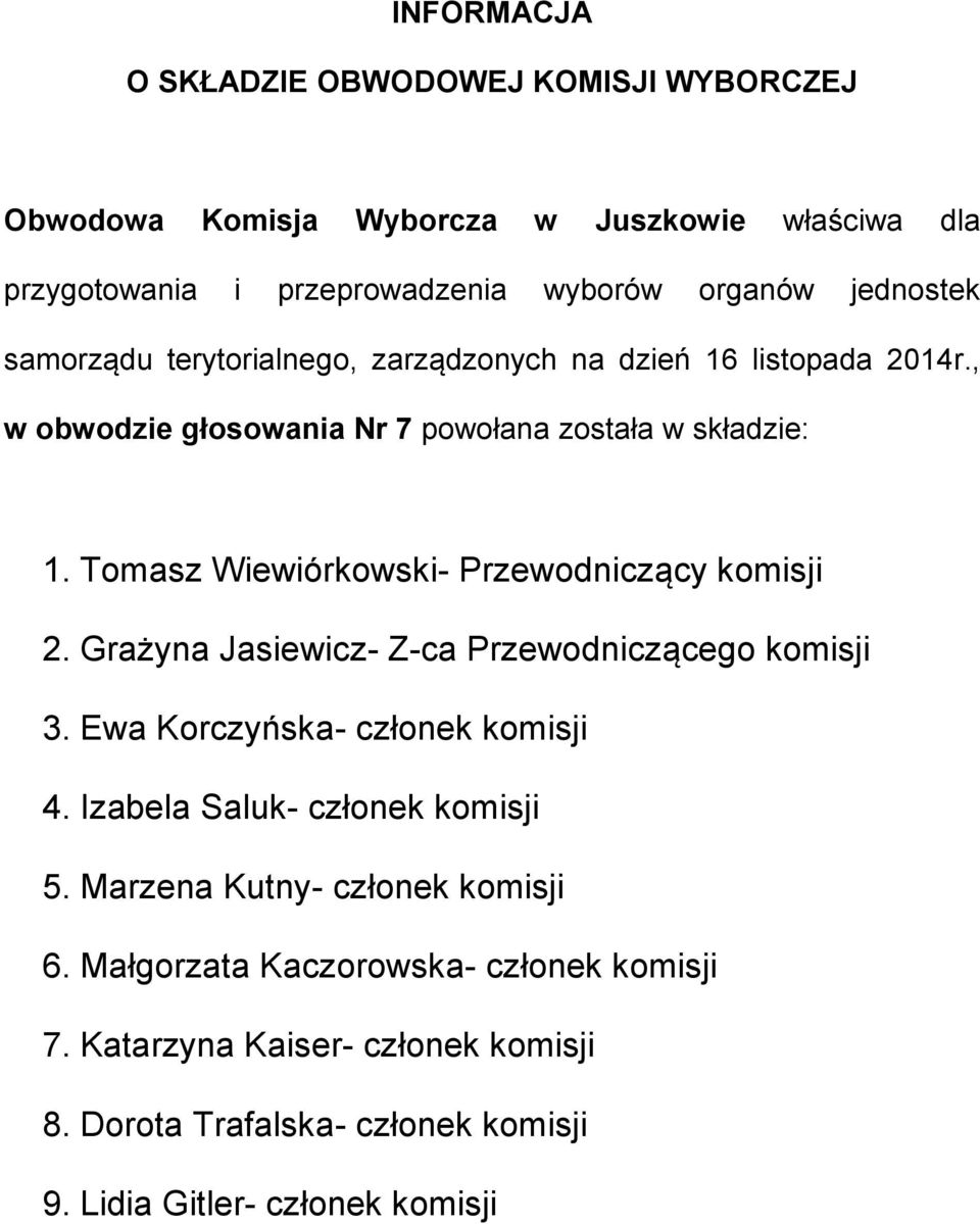 Ewa Korczyńska- członek komisji 4. Izabela Saluk- członek komisji 5. Marzena Kutny- członek komisji 6.