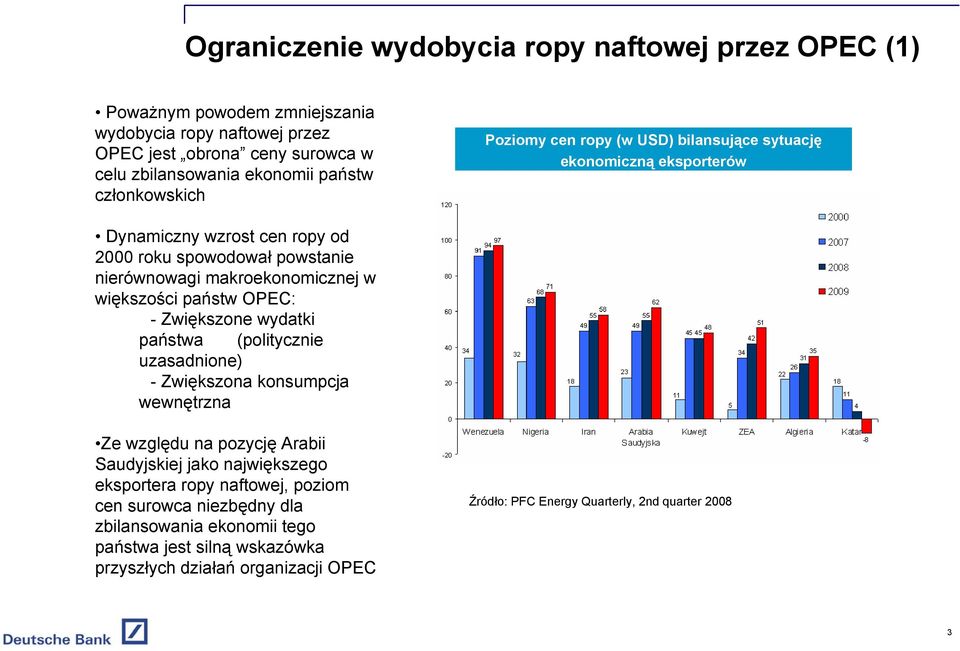 większości państw OPEC: -Zwiększone wydatki państwa (politycznie uzasadnione) -Zwiększona konsumpcja wewnętrzna Ze względu na pozycję Arabii Saudyjskiej jako największego eksportera