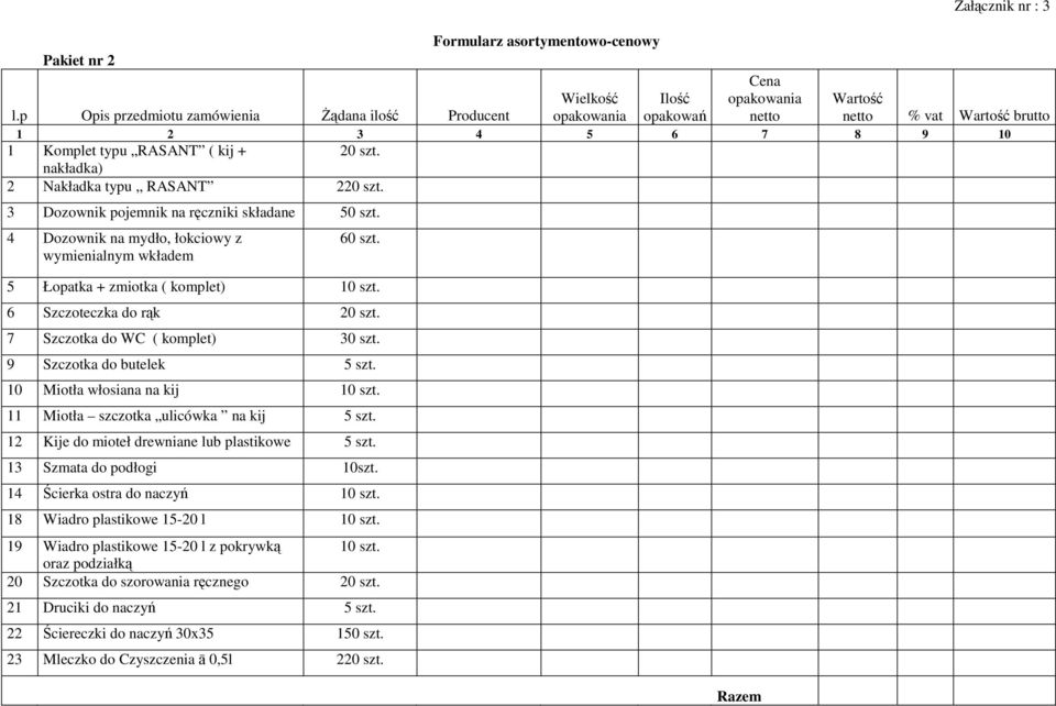 4 Dozownik na mydło, łokciowy z wymienialnym wkładem 60 5 Łopatka + zmiotka ( komplet) 10 6 Szczoteczka do rąk 20 7 Szczotka do WC ( komplet) 30 9 Szczotka do butelek 5 10 Miotła włosiana na