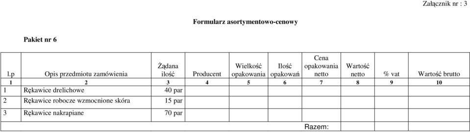 netto netto % vat brutto 1 Rękawice drelichowe 40