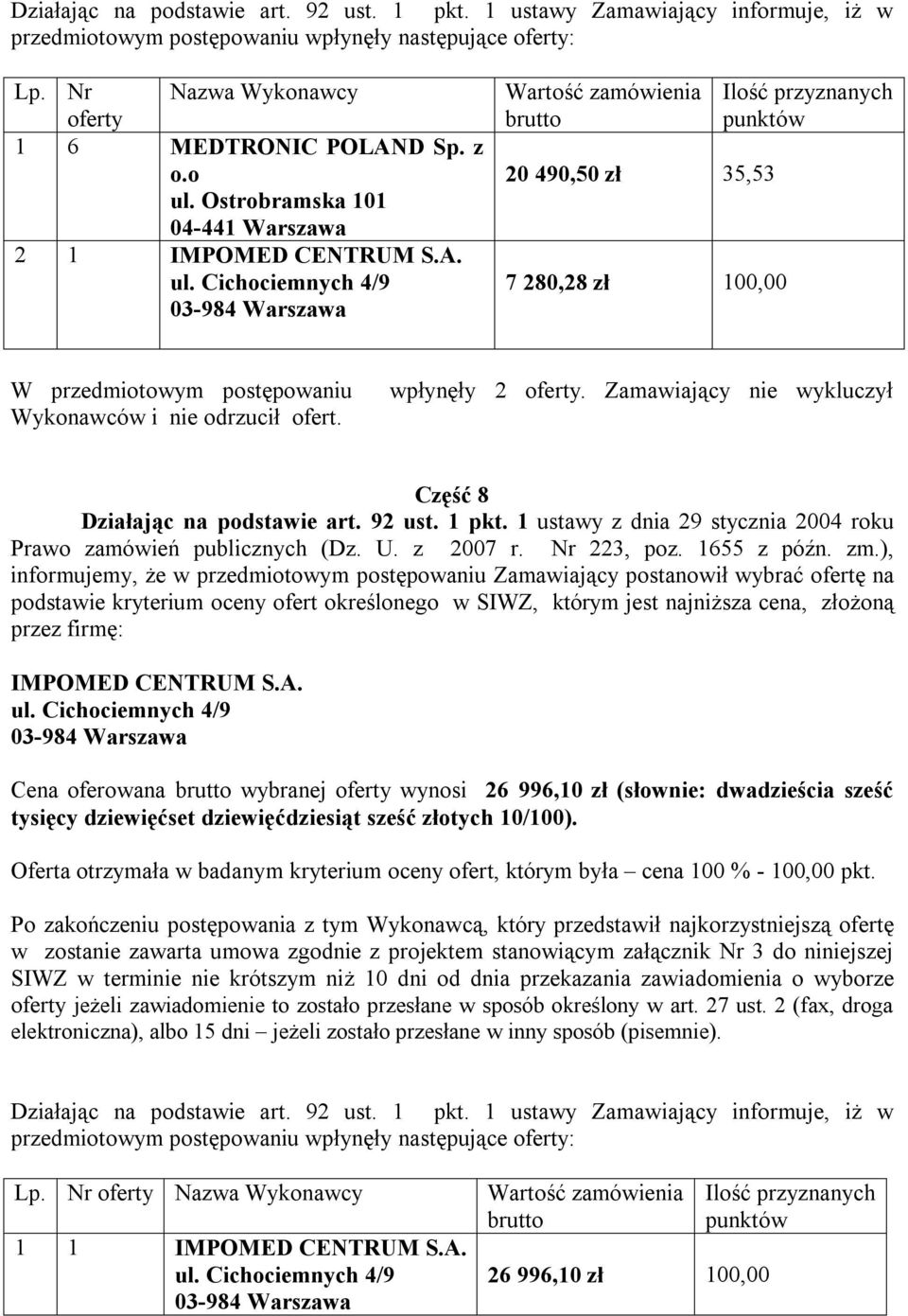 Zamawiający nie wykluczył Część 8 IMPOMED CENTRUM S.A. ul.