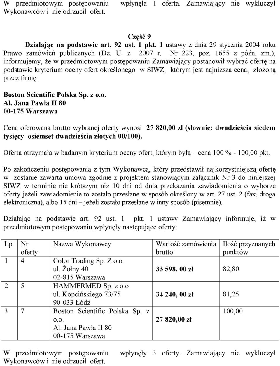 dwadzieścia złotych 00/100). 1 4 Color Trading Sp. Z o.o. ul. Żołny 40 02-815 Warszawa 2 5 HAMMERMED Sp. z o.o ul.