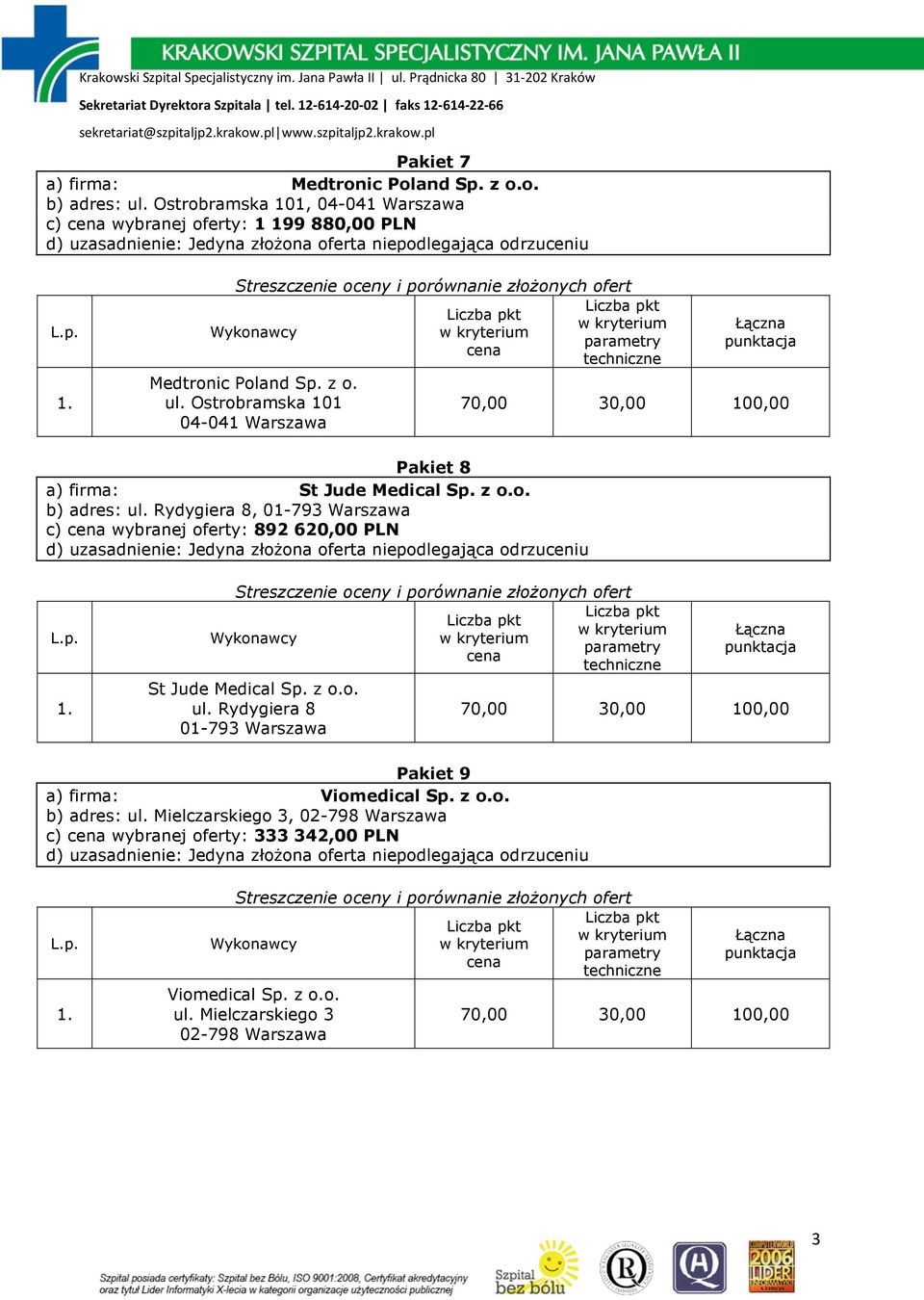 o. ul. Rydygiera 8 01-793 Warszawa Pakiet 9 a) firma: Viomedical Sp. z o.o. b) adres: ul.