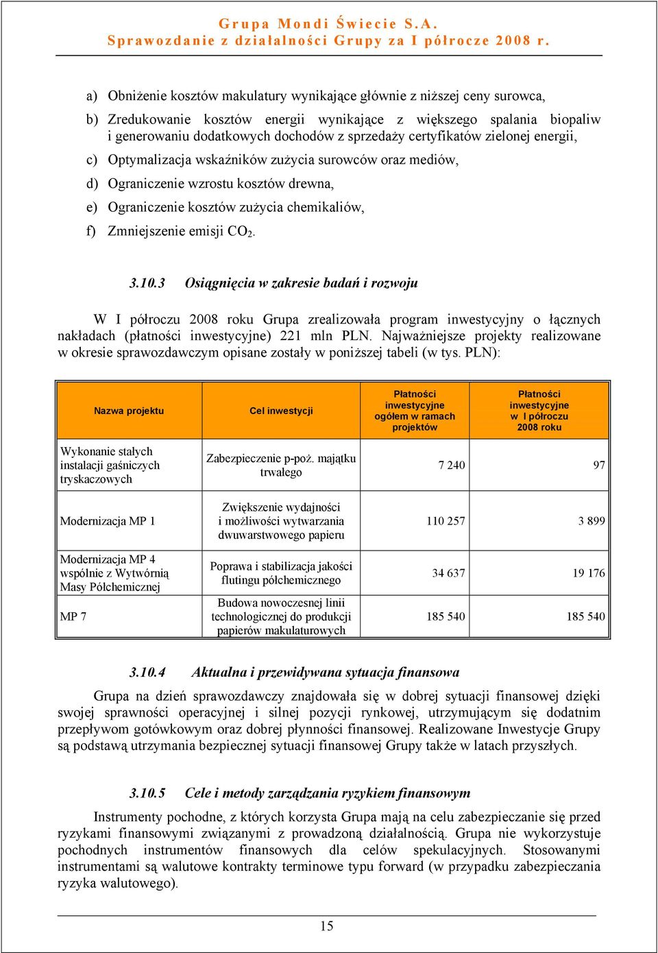 2. 3.10.3 Osiągnięcia w zakresie badań i rozwoju W I półroczu 2008 roku Grupa zrealizowała program inwestycyjny o łącznych nakładach (płatności inwestycyjne) 221 mln PLN.