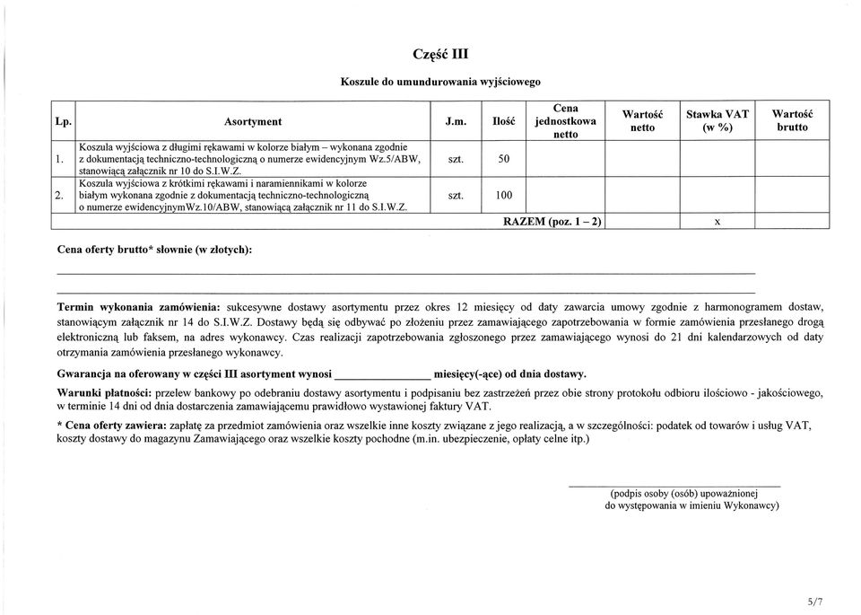 lO/ABW, stanowia^ zalacznik nr 11 do S.I.W.Z. Ilosc 100 RAZEM (poz.