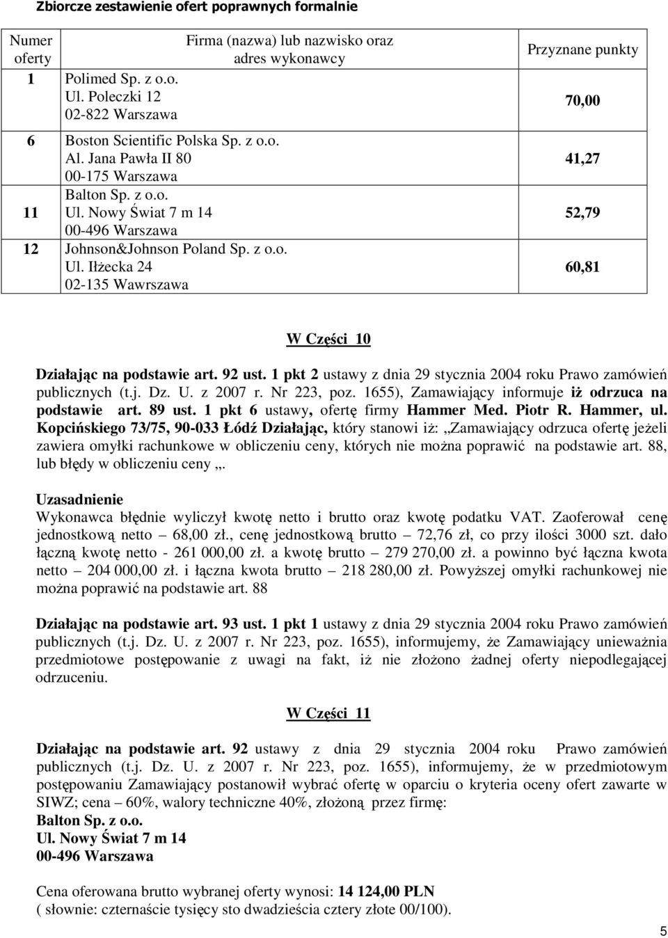 1 pkt 2 ustawy z dnia 29 stycznia 2004 roku Prawo zamówień publicznych (t.j. Dz. U. z 2007 r. Nr 223, poz. 1655), Zamawiający informuje iż odrzuca na podstawie art. 89 ust.