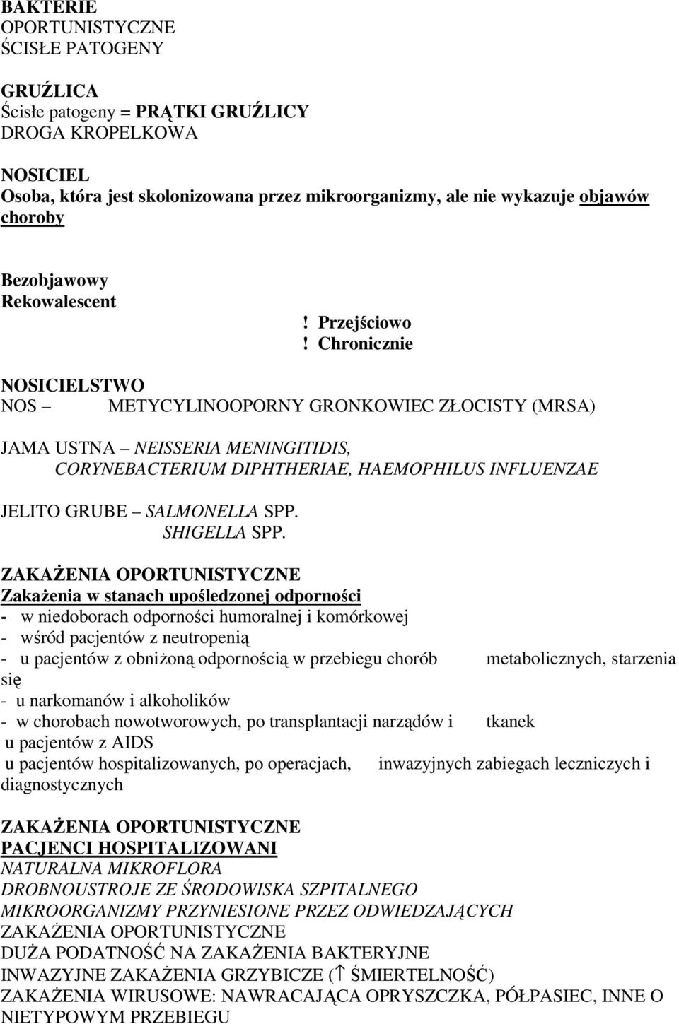 Chronicznie NOSICIELSTWO NOS METYCYLINOOPORNY GRONKOWIEC ZŁOCISTY (MRSA) JAMA USTNA NEISSERIA MENINGITIDIS, CORYNEBACTERIUM DIPHTHERIAE, HAEMOPHILUS INFLUENZAE JELITO GRUBE SALMONELLA SPP.