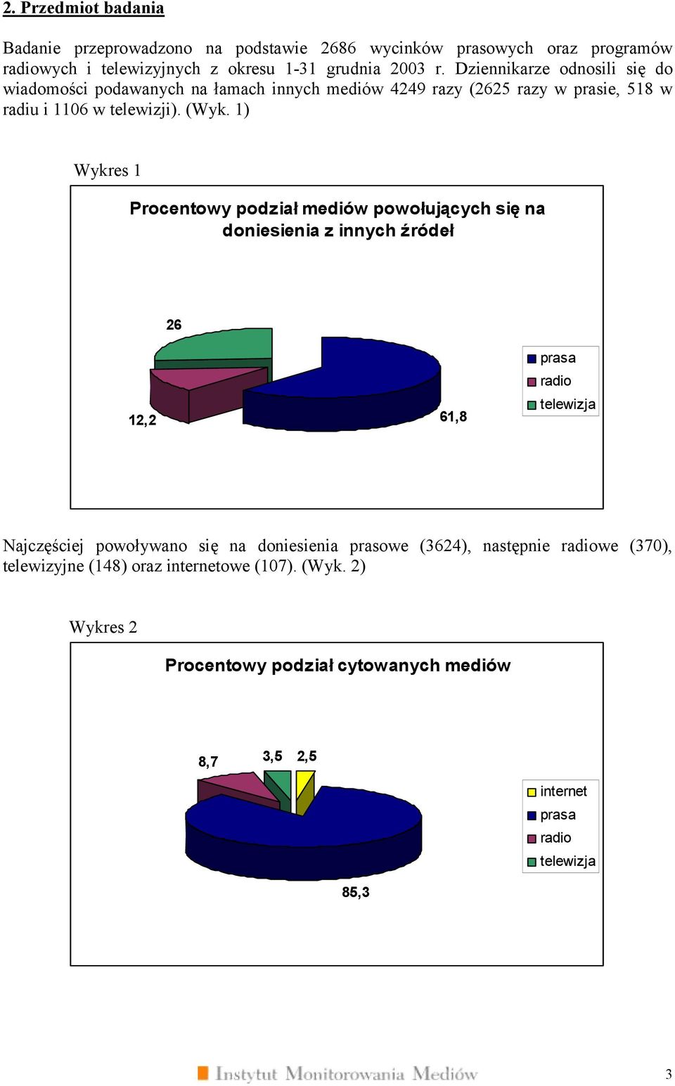 1) Wykres 1 Procentowy podział mediów powołujących się na doniesienia z innych źródeł 26 12,2 61,8 prasa radio telewizja Najczęściej powoływano się na