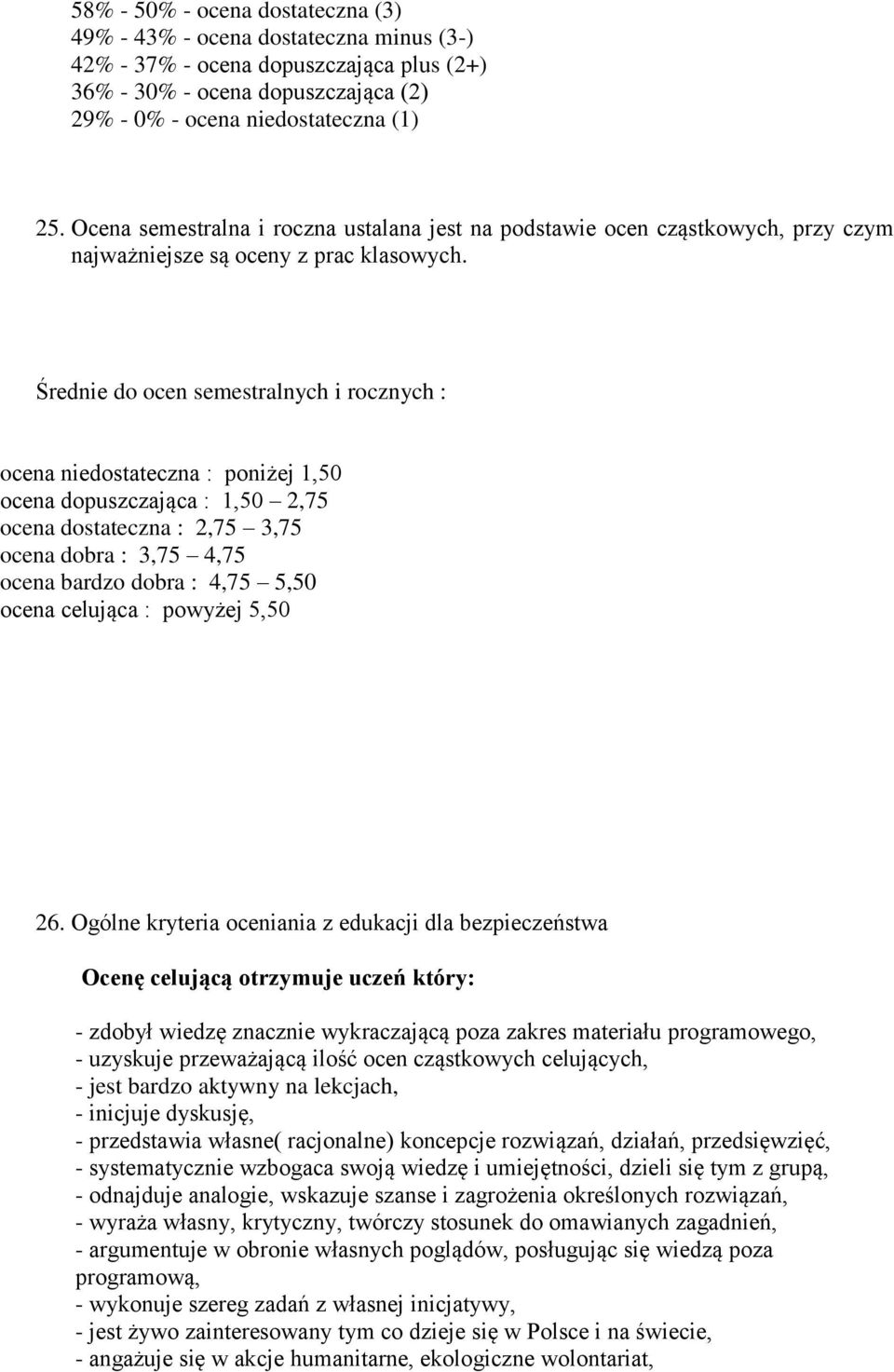 Średnie do ocen semestralnych i rocznych : ocena niedostateczna : poniżej 1,50 ocena dopuszczająca : 1,50 2,75 ocena dostateczna : 2,75 3,75 ocena dobra : 3,75 4,75 ocena bardzo dobra : 4,75 5,50