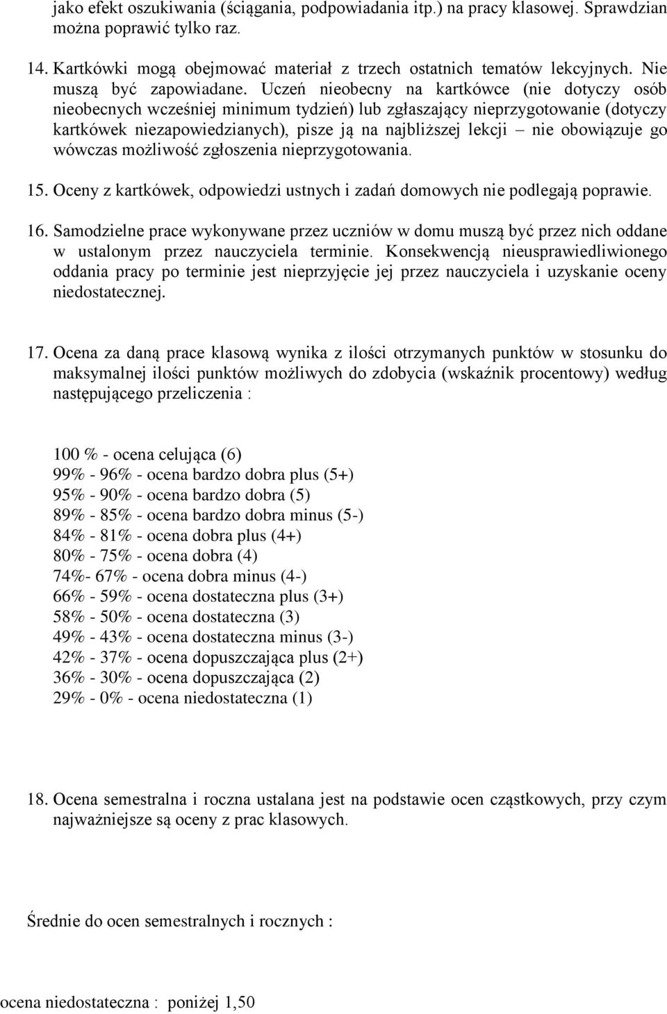 Uczeń nieobecny na kartkówce (nie dotyczy osób nieobecnych wcześniej minimum tydzień) lub zgłaszający nieprzygotowanie (dotyczy kartkówek niezapowiedzianych), pisze ją na najbliższej lekcji nie