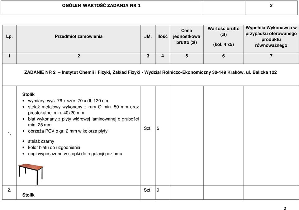 Rolniczo-Ekonomiczny 30-149 Kraków, ul. Balicka 122 1. Stolik wymiary: wys. 76 x szer. 70 x dł. 120 cm stelaż metalowy wykonany z rury Ø min.