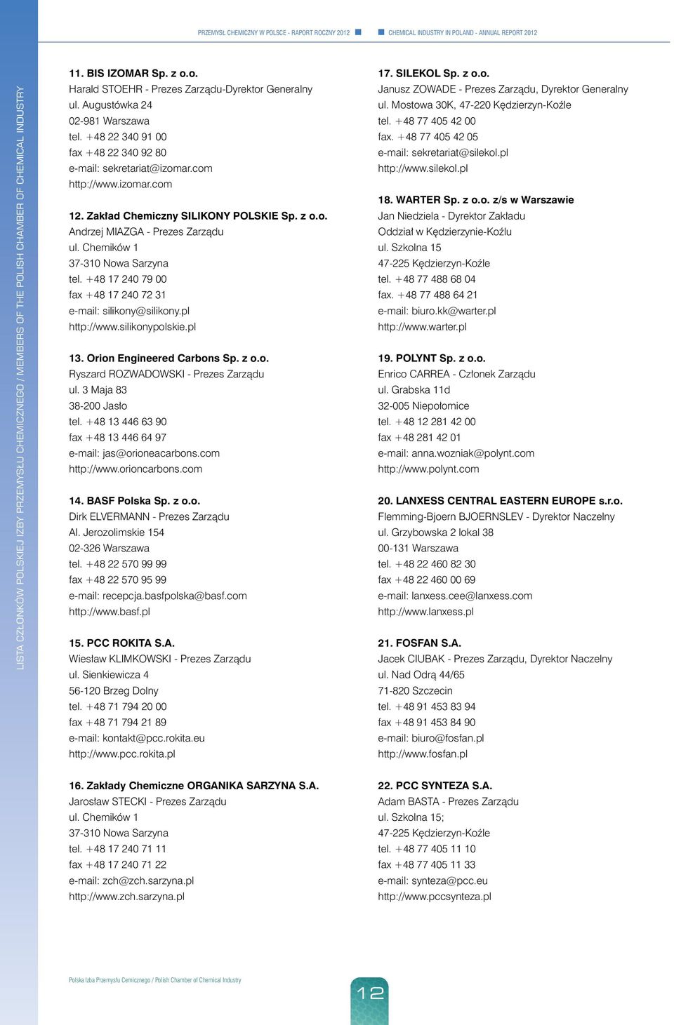 Chemików 1 37-310 Nowa Sarzyna tel. +48 17 240 79 00 fax +48 17 240 72 31 e-mail: silikony@silikony.pl http://www.silikonypolskie.pl 13. Orion Engineered Carbons Sp. z o.o. Ryszard ROZWADOWSKI - Prezes Zarządu ul.