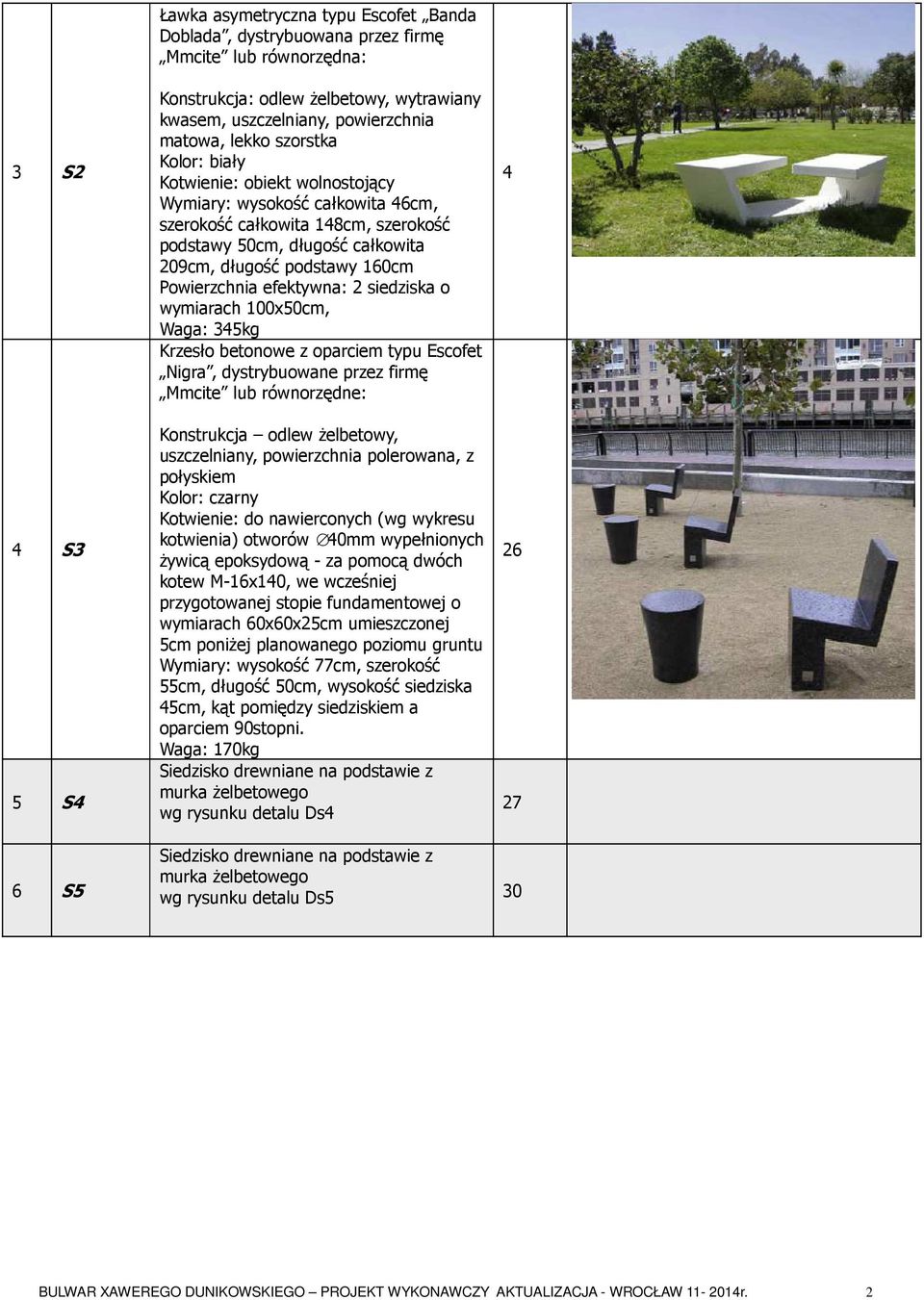 siedziska o wymiarach 100x50cm, Waga: 345kg Krzesło betonowe z oparciem typu Escofet Nigra, dystrybuowane przez firmę Mmcite lub równorzędne: Konstrukcja odlew żelbetowy, uszczelniany, powierzchnia