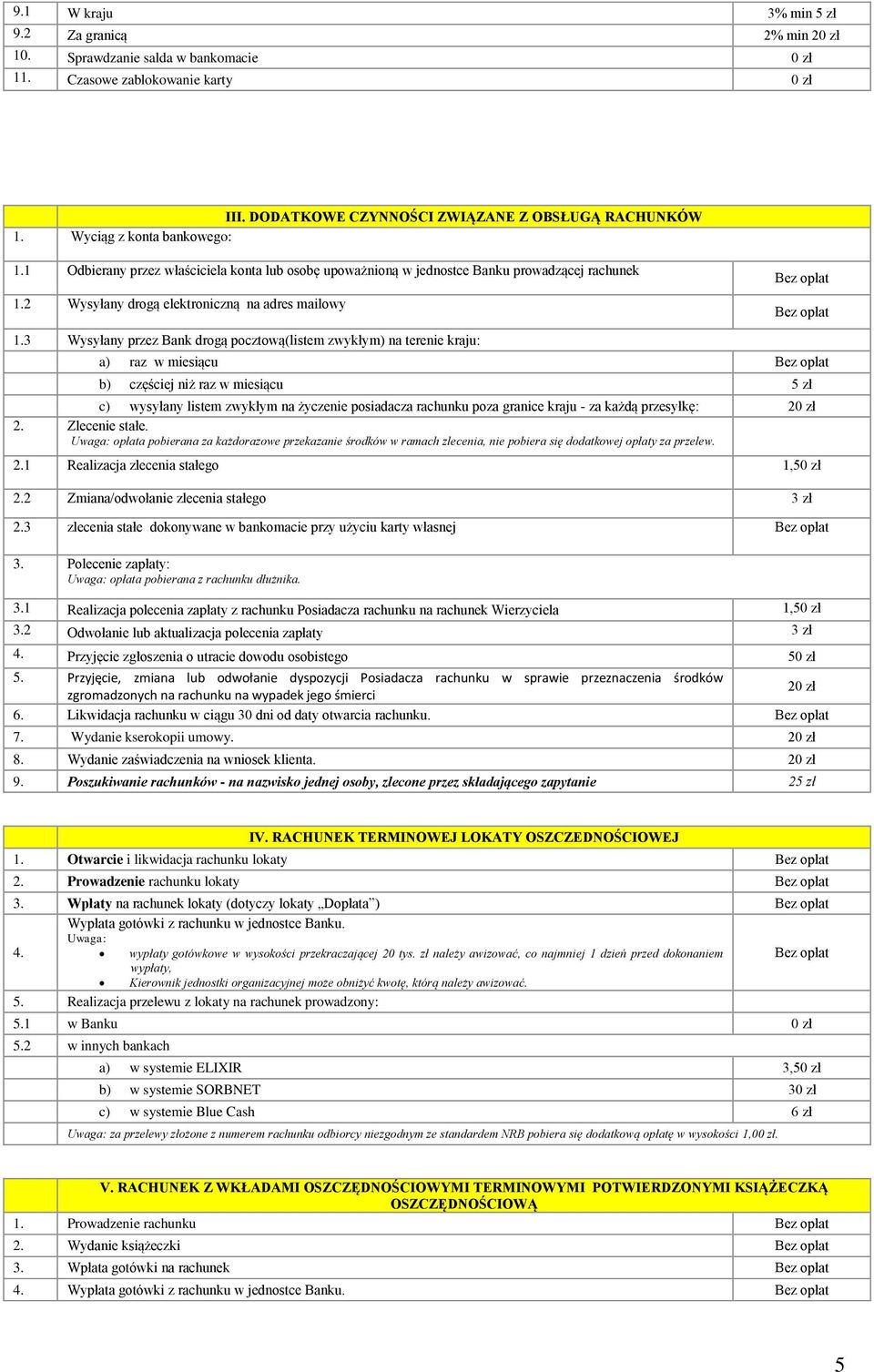 3 Wysyłany przez Bank drogą pocztową(listem zwykłym) na terenie kraju: a) raz w miesiącu b) częściej niż raz w miesiącu 5 zł c) wysyłany listem zwykłym na życzenie posiadacza rachunku poza granice
