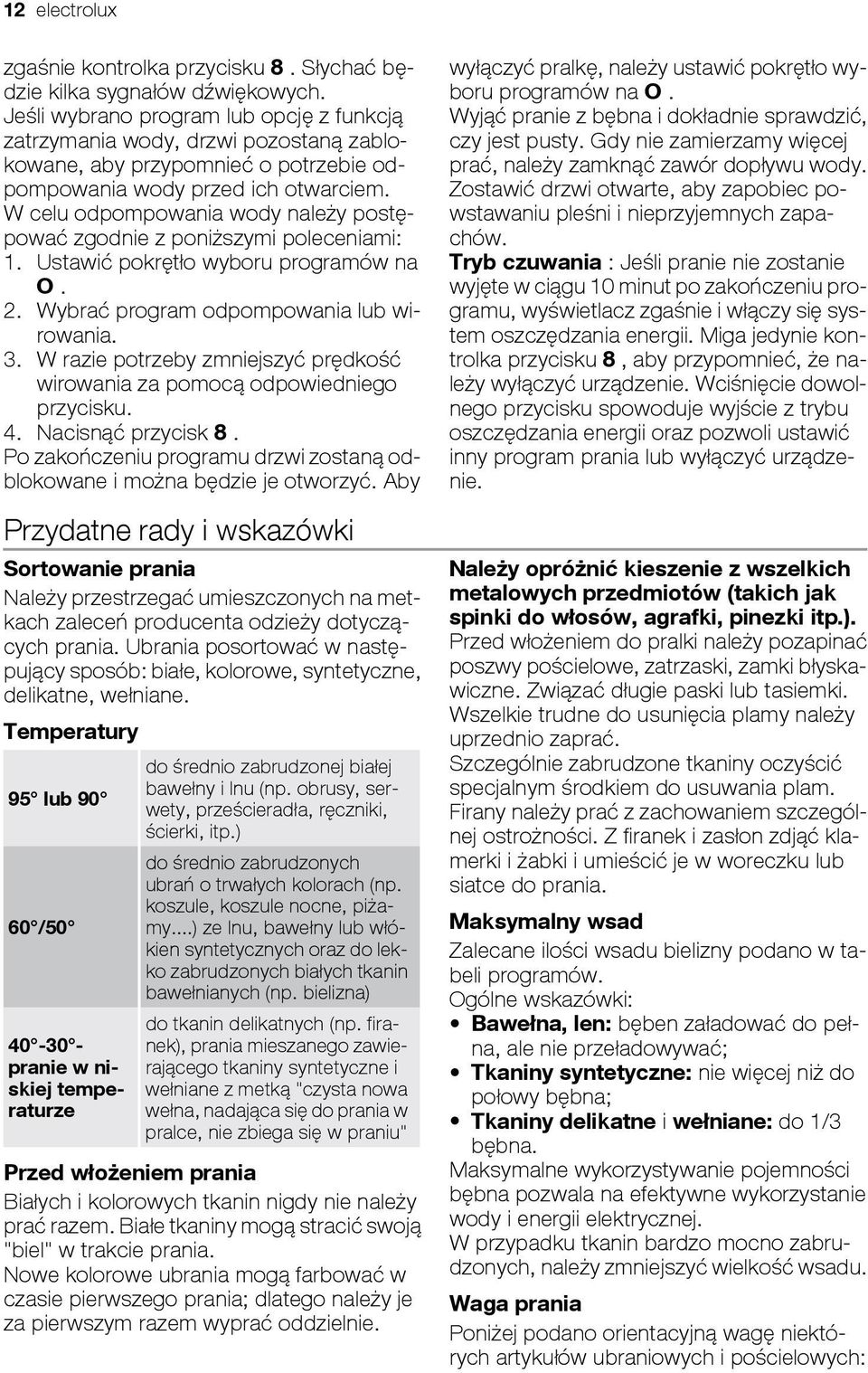 W celu odpompowania wody należy postępować zgodnie z poniższymi poleceniami: 1. Ustawić pokrętło wyboru programów na O. 2. Wybrać program odpompowania lub wirowania. 3.