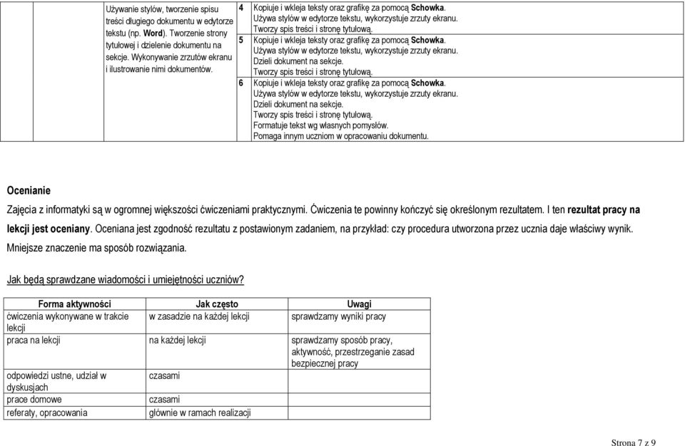 Tworzy spis treści i stronę tytułową. 5 Kopiuje i wkleja teksty oraz grafikę za pomocą Schowka. Używa stylów w edytorze tekstu, wykorzystuje zrzuty ekranu. Dzieli dokument na sekcje.