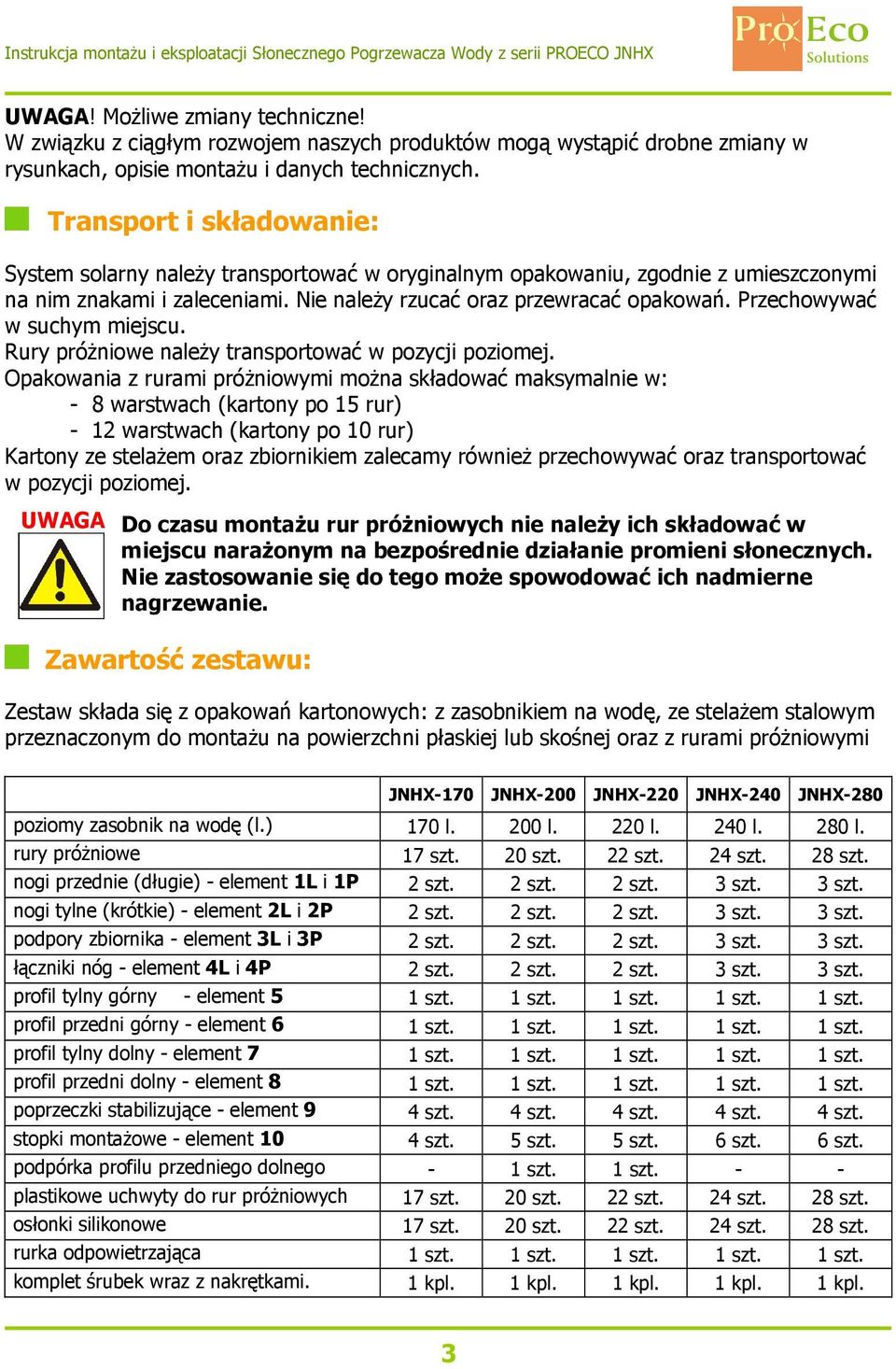 Przechowywać w suchym miejscu. Rury próżniowe należy transportować w pozycji poziomej.