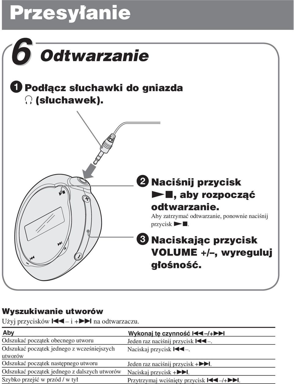 i +> na odtwarzaczu. Aby Wykonaj tę czynność. /+> Odszukać początek obecnego utworu Jeden raz naciśnij przycisk.