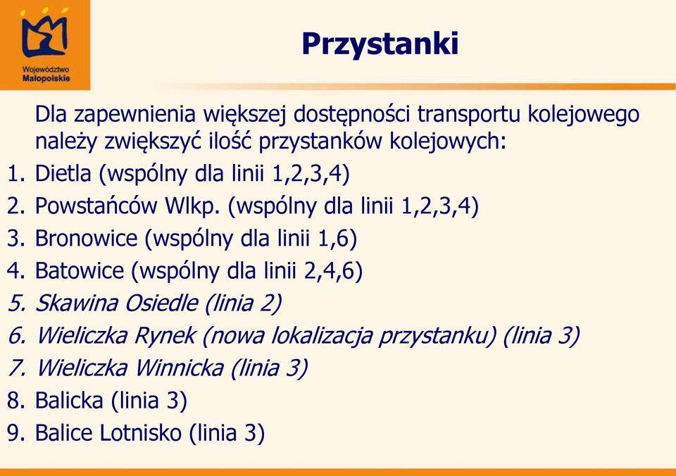 Bronowice (wspólny dla linii 1,6) 4. Batowice (wspólny dla linii 2,4,6) 5. Skawina Osiedle (linia 2) 6.