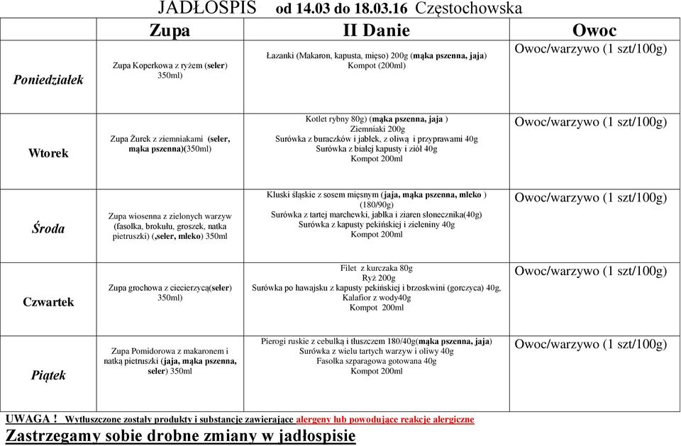 16 Częstochowska Zupa II Danie Owoc Zupa Koperkowa z ryżem (seler) Łazanki (Makaron, kapusta, mięso) 200g (mąka pszenna, jaja) Kompot (200ml) Zupa Żurek z ziemniakami (seler, mąka pszenna)( Kotlet