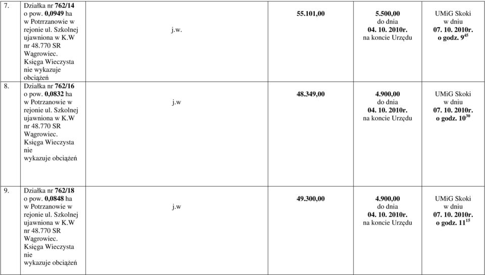 W nr nie. 55.101,00 5.500,00 48.349,00 4.900,00 o godz. 9 45 o godz. 10 30 9.