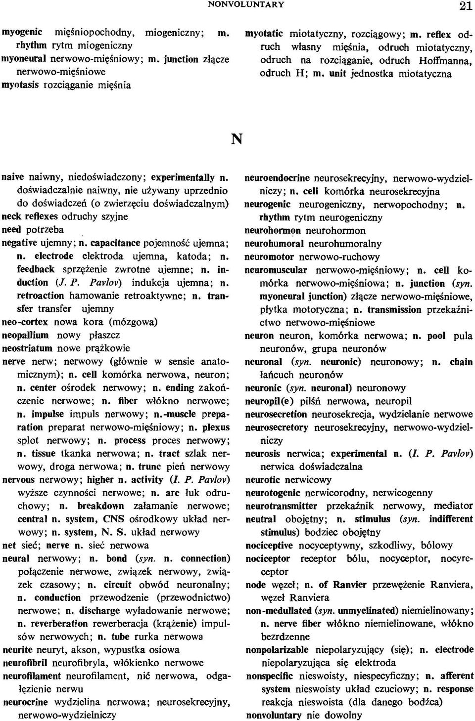 reflex odruch własny mięśnia, odruch miotatyczny, odruch na rozciąganie, odruch Hoffmanna, odruch H; m. unit jednostka miotatyczna N naive naiwny, niedoświadczony; experimentally n.