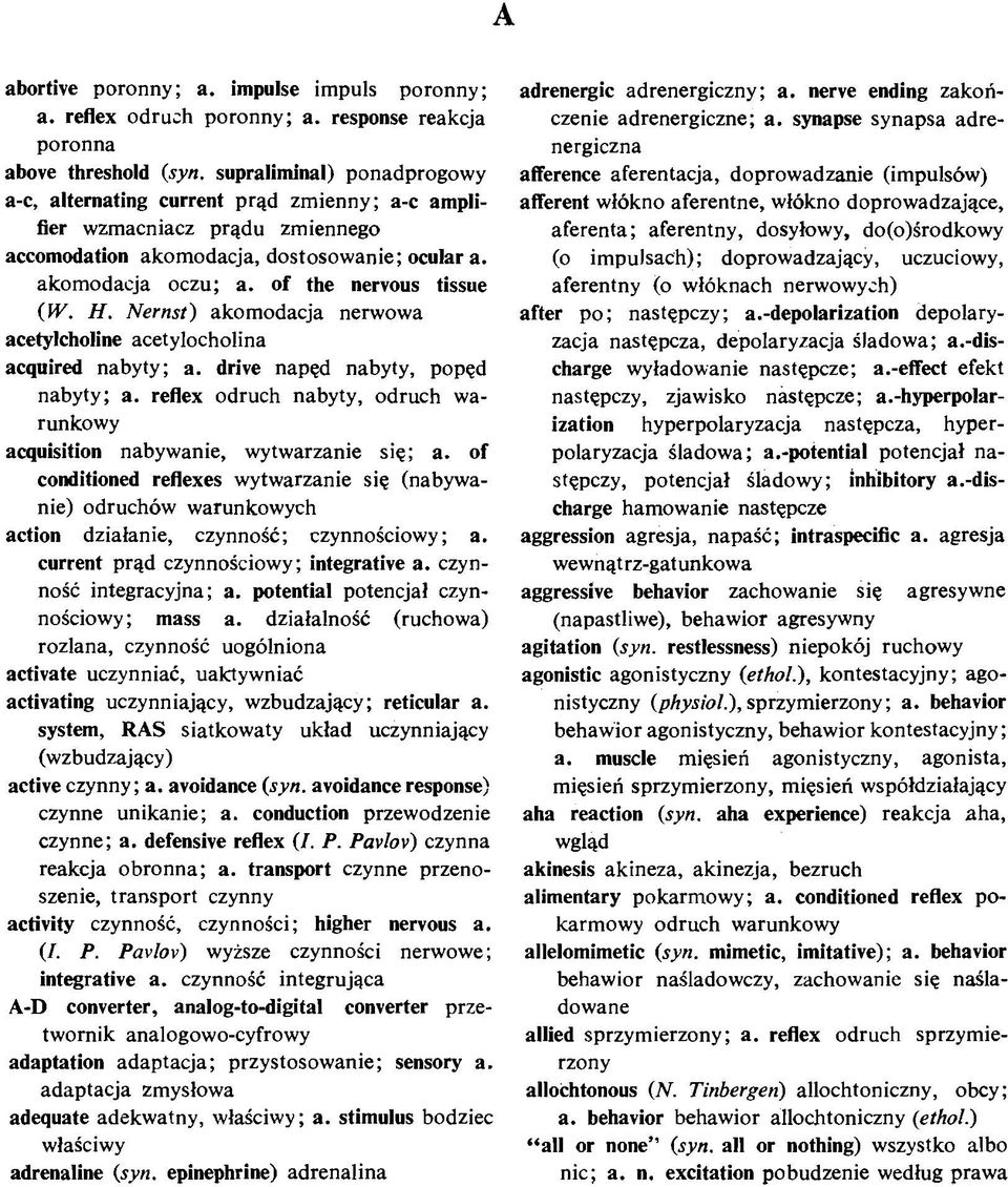 of the nervous tissue (W. H. Nernst) akomodacja nerwowa acetylcholine acetylocholina acquired nabyty; a. drive napęd nabyty, popęd nabyty; a.