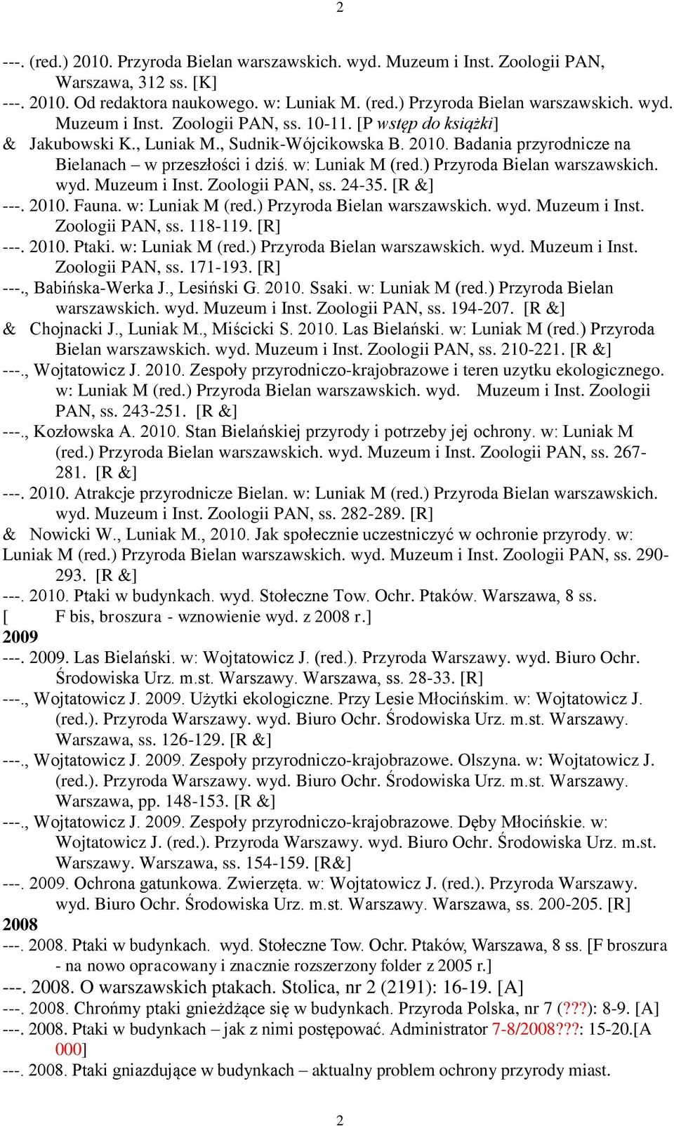 Muzeum i Inst. Zoologii PAN, ss. 24-35. [R &] ---. 2010. Fauna. w: Luniak M (red.) Przyroda Bielan warszawskich. wyd. Muzeum i Inst. Zoologii PAN, ss. 118-119. [R] ---. 2010. Ptaki. w: Luniak M (red.) Przyroda Bielan warszawskich. wyd. Muzeum i Inst. Zoologii PAN, ss. 171-193.