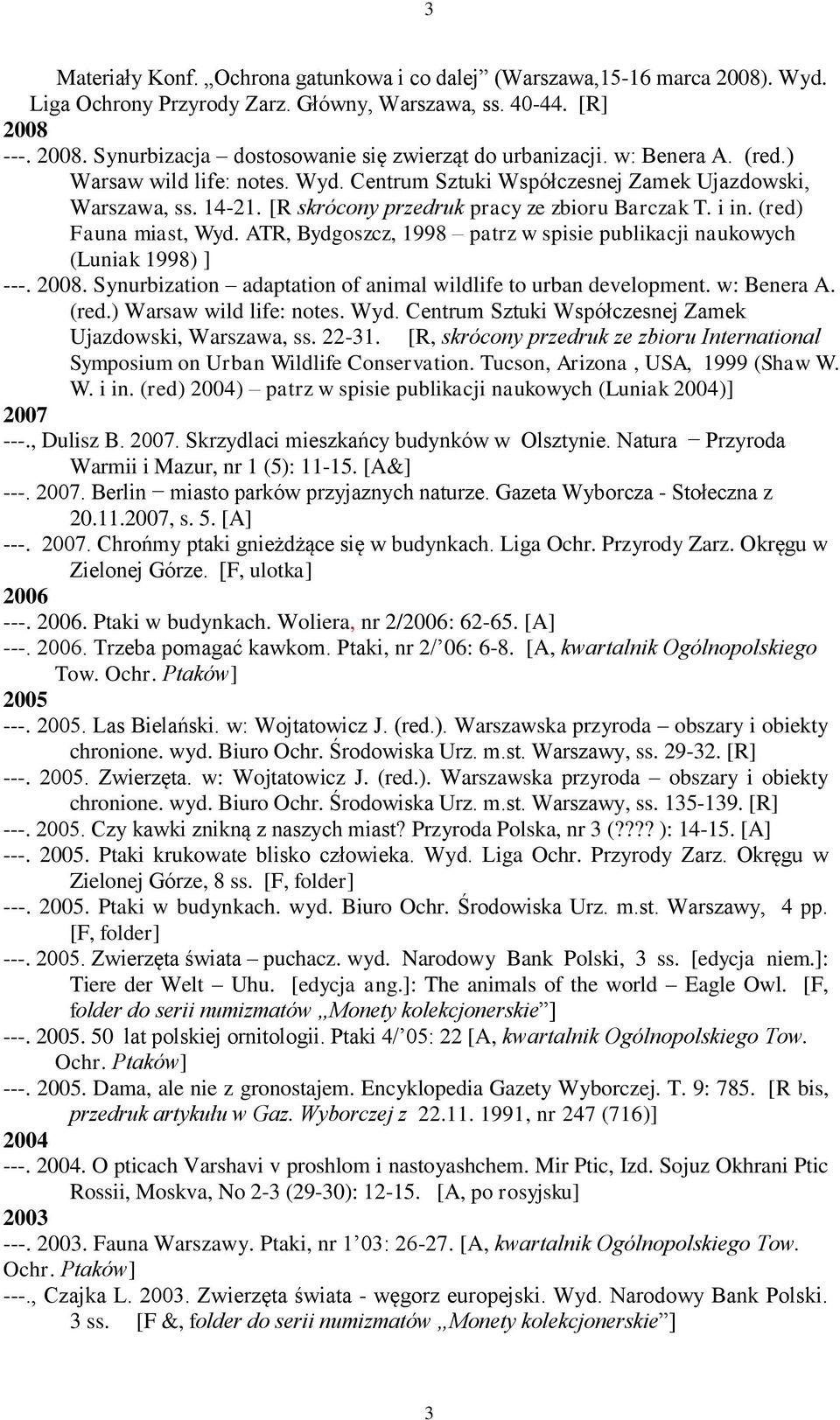 ATR, Bydgoszcz, 1998 patrz w spisie publikacji naukowych (Luniak 1998) ] ---. 2008. Synurbization adaptation of animal wildlife to urban development. w: Benera A. (red.) Warsaw wild life: notes. Wyd.