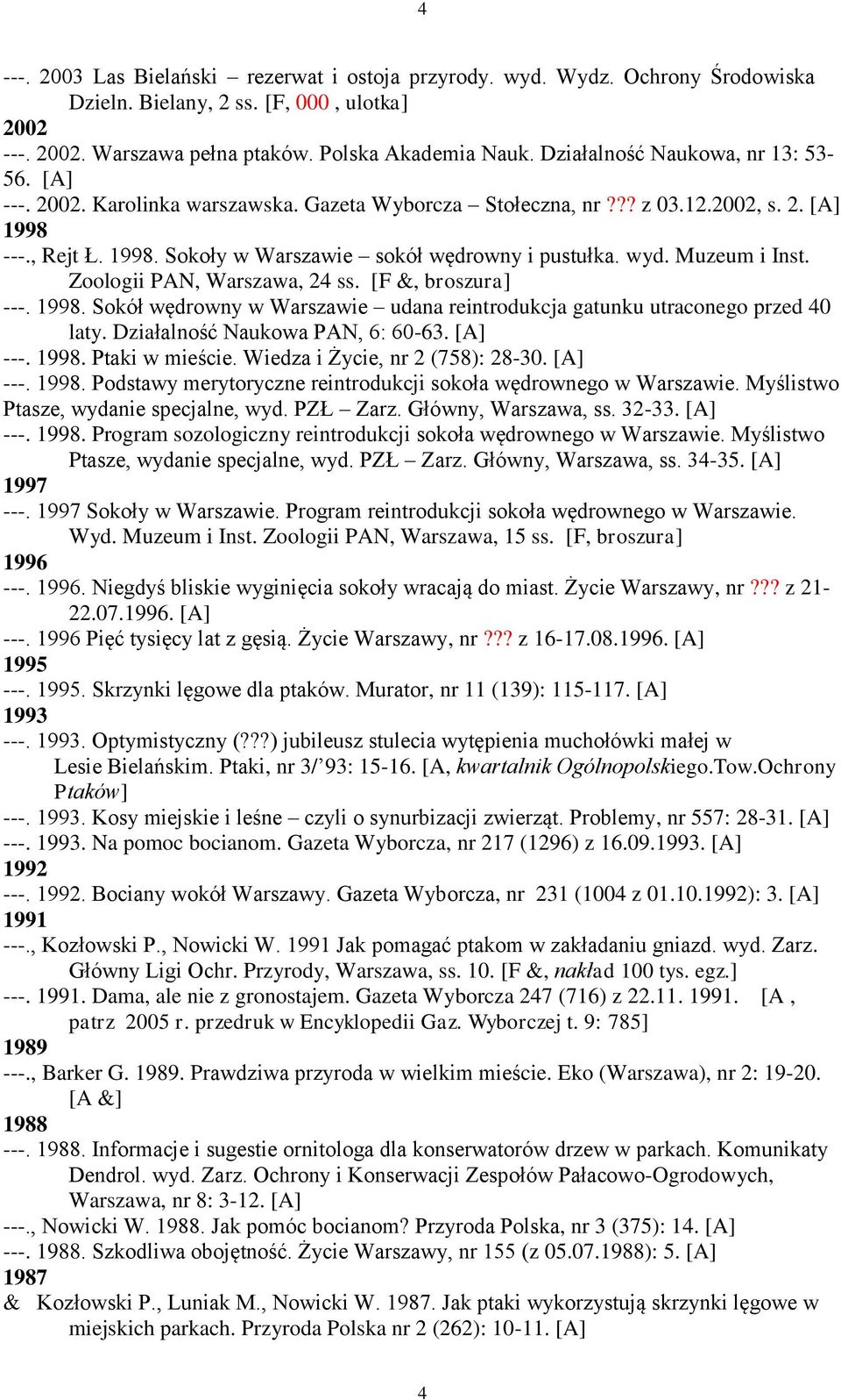 wyd. Muzeum i Inst. Zoologii PAN, Warszawa, 24 ss. [F &, broszura] ---. 1998. Sokół wędrowny w Warszawie udana reintrodukcja gatunku utraconego przed 40 laty. Działalność Naukowa PAN, 6: 60-63.