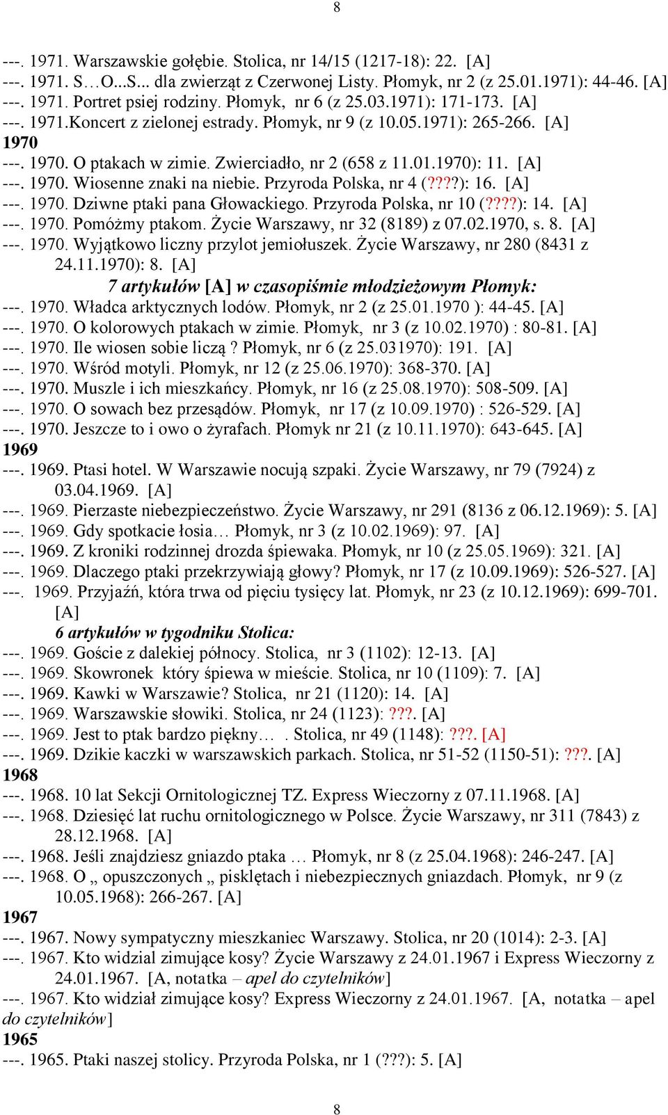 [A] ---. 1970. Wiosenne znaki na niebie. Przyroda Polska, nr 4 (????): 16. [A] ---. 1970. Dziwne ptaki pana Głowackiego. Przyroda Polska, nr 10 (????): 14. [A] ---. 1970. Pomóżmy ptakom.