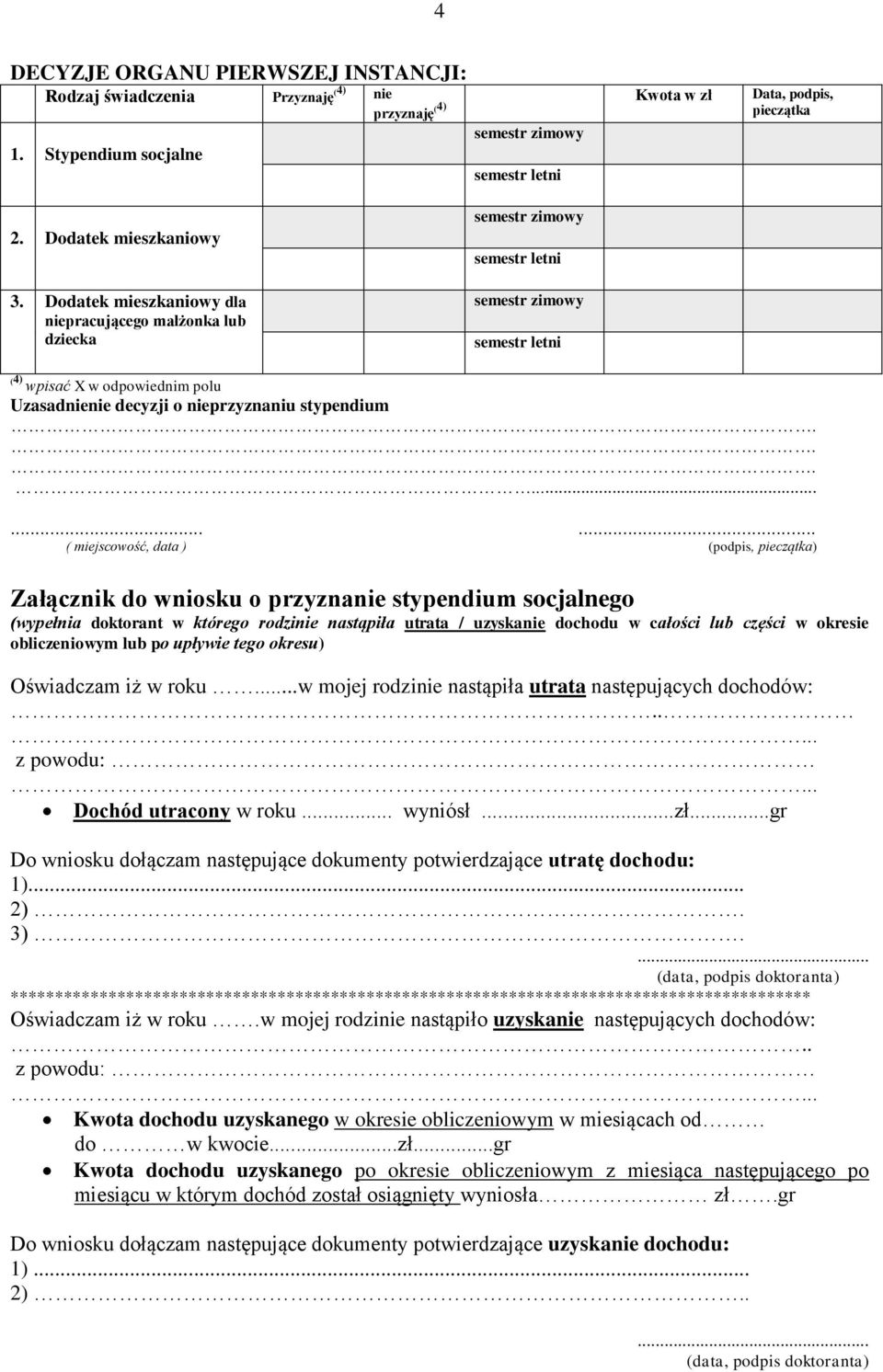 ........ ( miejscowość, data ) (podpis, pieczątka) Załącznik do wniosku o przyznanie stypendium socjalnego (wypełnia doktorant w którego rodzinie nastąpiła utrata / uzyskanie dochodu w całości lub