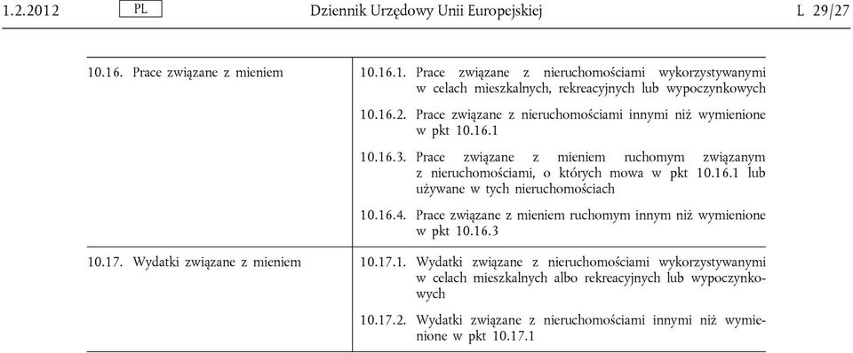 16.4. Prace związane z mieniem ruchomym innym niż wymienione w pkt 10.16.3 10.17. Wydatki związane z mieniem 10.17.1. Wydatki związane z nieruchomościami wykorzystywanymi w celach mieszkalnych albo rekreacyjnych lub wypoczynkowych 10.