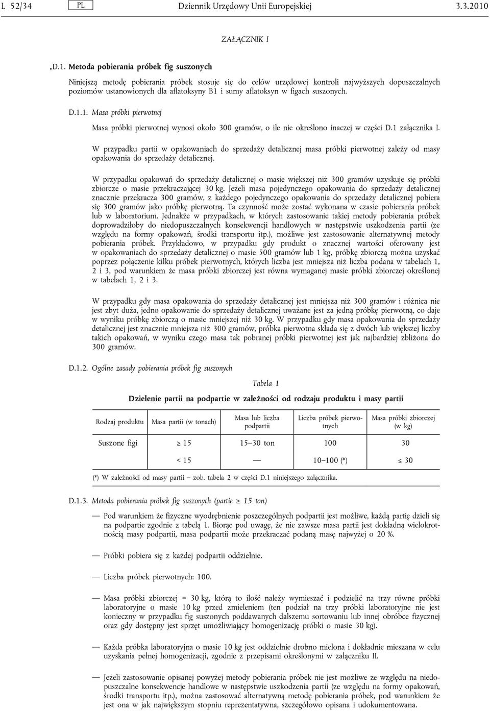 Metoda pobierania próbek fig suszonych Niniejszą metodę pobierania próbek stosuje się do celów urzędowej kontroli najwyższych dopuszczalnych poziomów ustanowionych dla aflatoksyny B1 i sumy