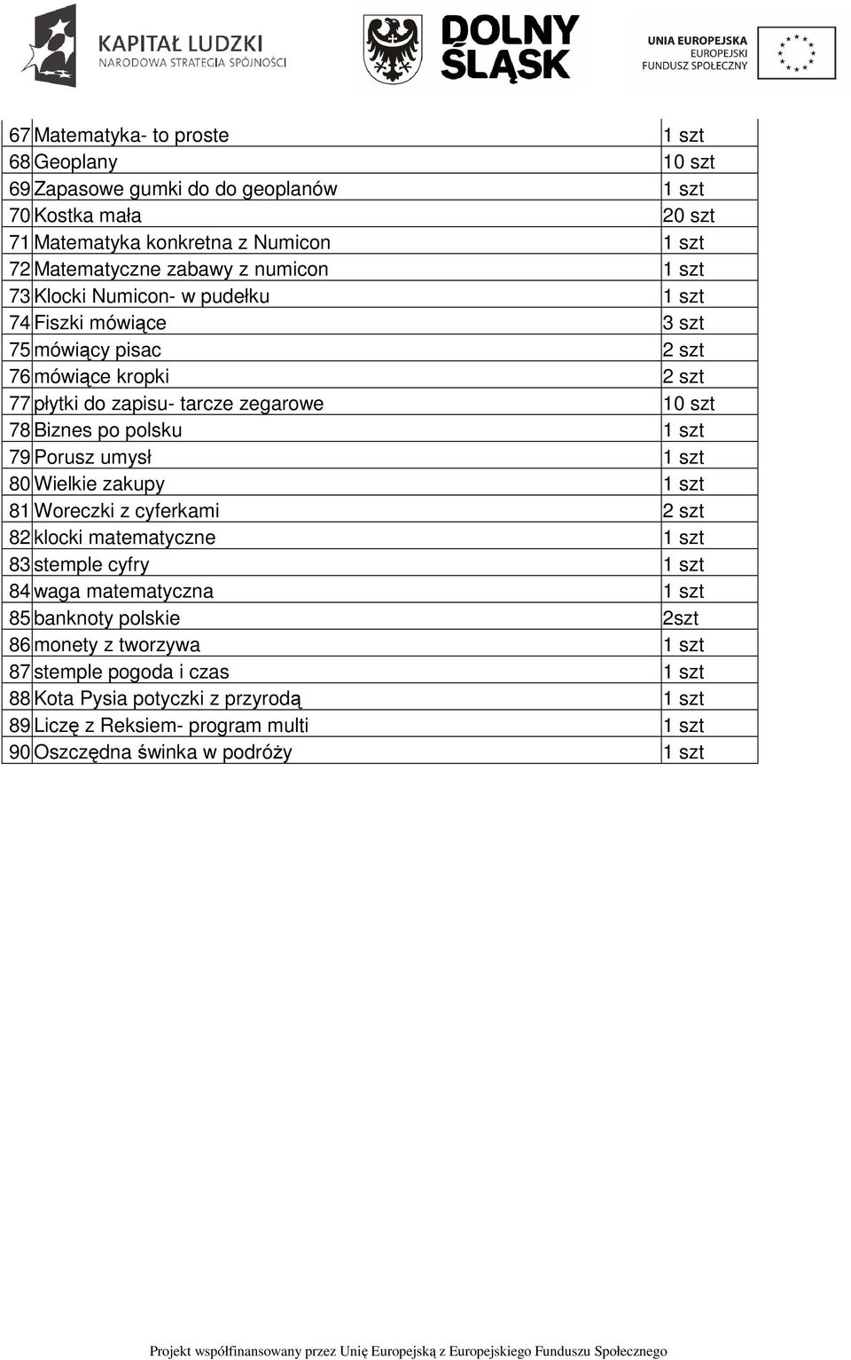 polsku 1 szt 79 Porusz umysł 1 szt 80 Wielkie zakupy 1 szt 81 Woreczki z cyferkami 2 szt 82 klocki matematyczne 1 szt 83 stemple cyfry 1 szt 84 waga matematyczna 1 szt 85 banknoty