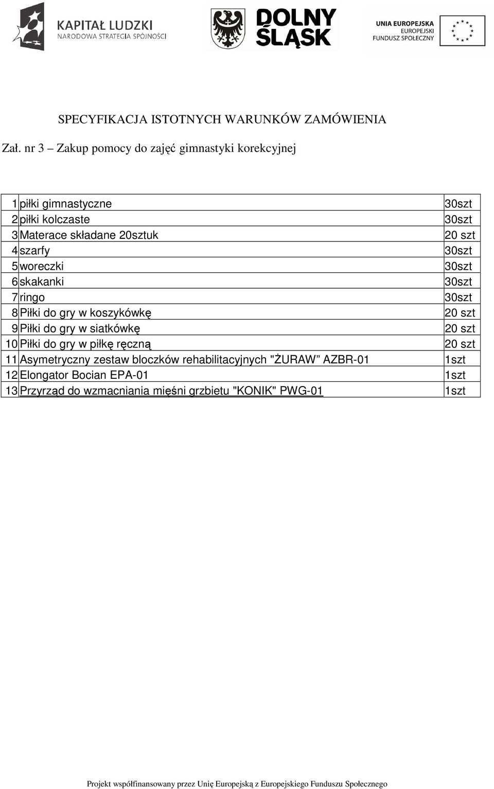 20 szt 4 szarfy 30szt 5 woreczki 30szt 6 skakanki 30szt 7 ringo 30szt 8 Piłki do gry w koszykówkę 20 szt 9 Piłki do gry w