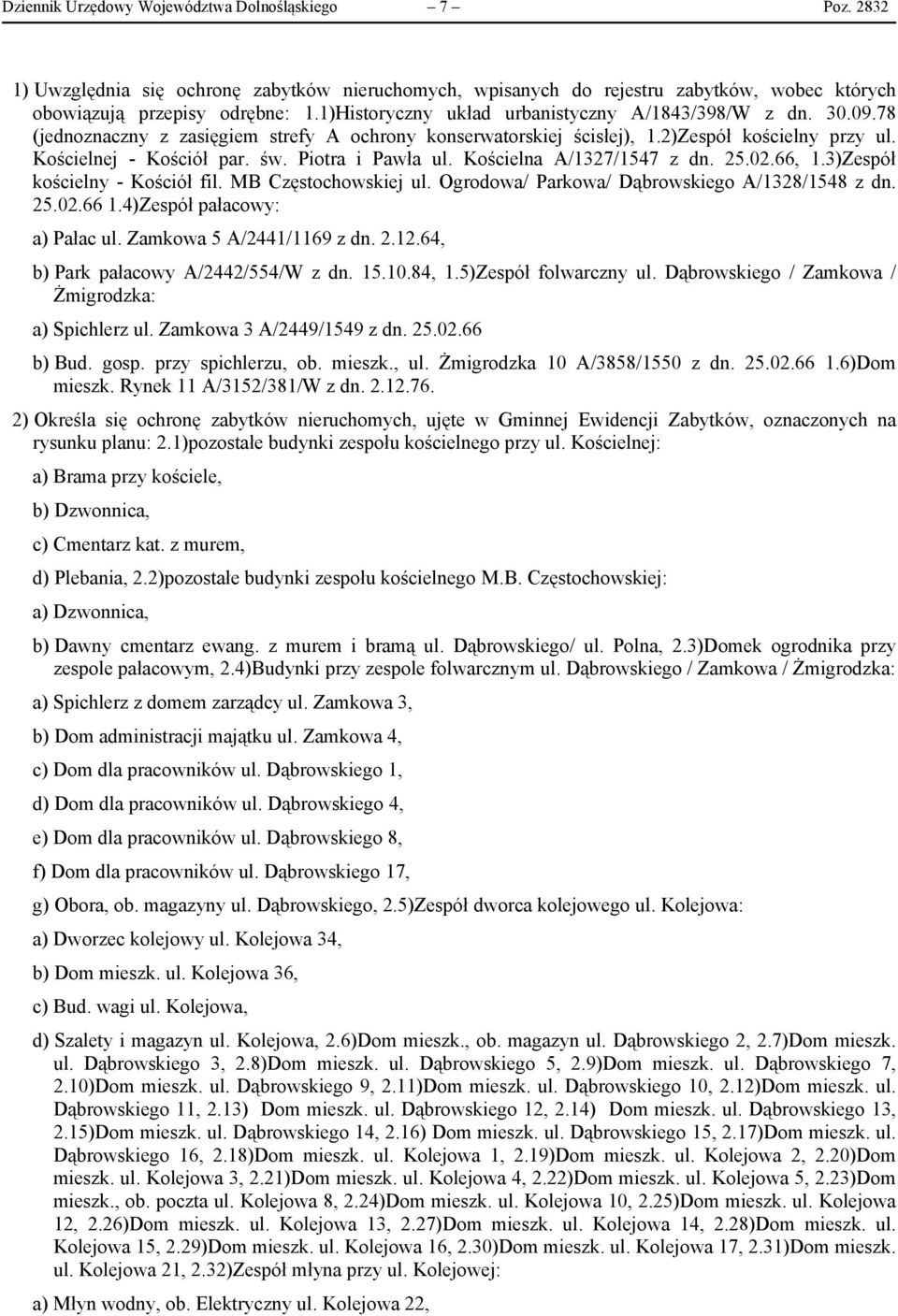 Piotra i Pawła ul. Kościelna A/1327/1547 z dn. 25.02.66, 1.3)Zespół kościelny - Kościół fil. MB Częstochowskiej ul. Ogrodowa/ Parkowa/ Dąbrowskiego A/1328/1548 z dn. 25.02.66 1.