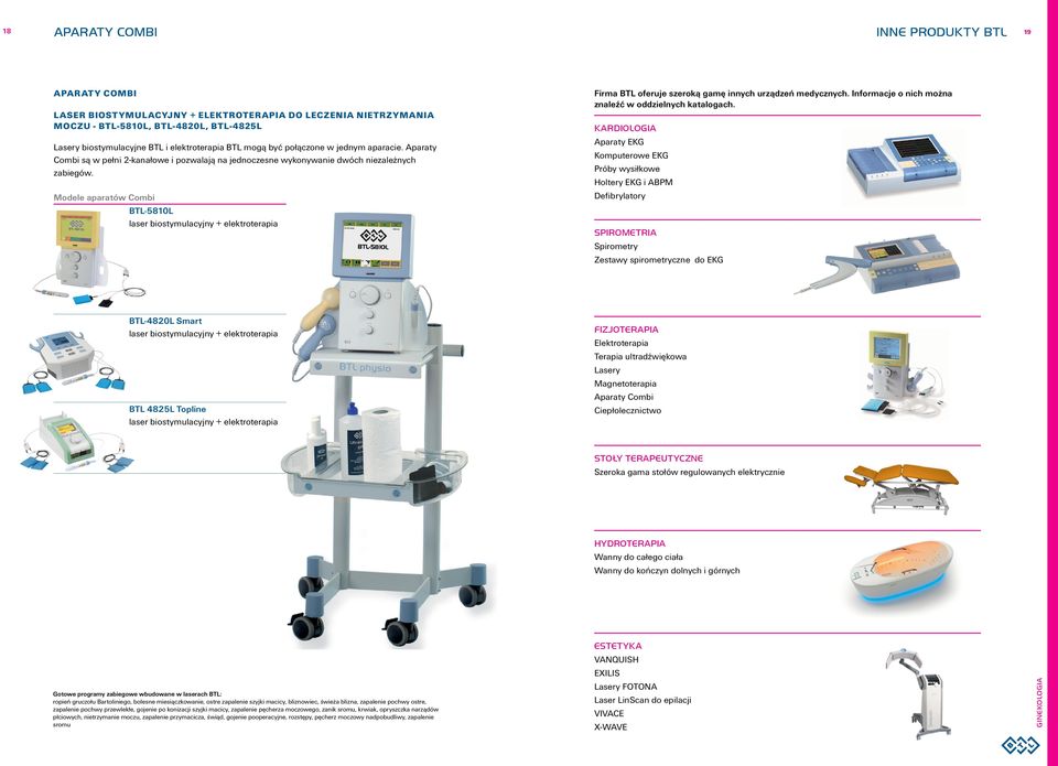 Modele aparatów Combi BTL-5810L laser biostymulacyjny + elektroterapia Firma BTL oferuje szeroką gamę innych urządzeń medycznych. Informacje o nich można znaleźć w oddzielnych katalogach.