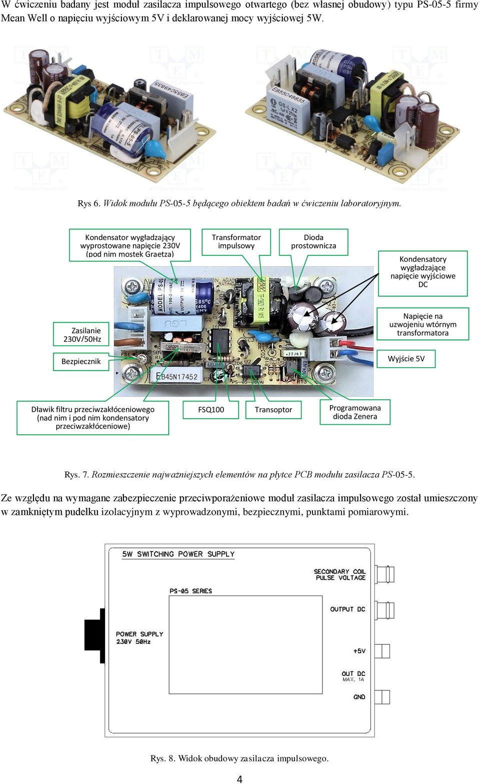 Kondensator wygładzający wyprostowane napięcie 230V (pod nim mostek Graetza) Transformator impulsowy Dioda prostownicza Kondensatory wygładzające napięcie wyjściowe DC Zasilanie 230V/50Hz Napięcie na