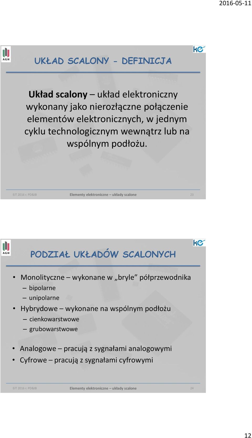 PD&IB Elementy elektroniczne układy scalone 23 PODZIAŁ UKŁADÓW SCALONYCH Monolityczne wykonane w bryle półprzewodnika bipolarne