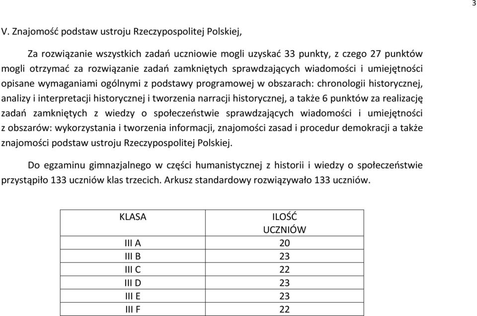 historycznej, a także 6 punktów za realizację zadań zamkniętych z wiedzy o społeczeństwie sprawdzających wiadomości i umiejętności z obszarów: wykorzystania i tworzenia informacji, znajomości zasad i