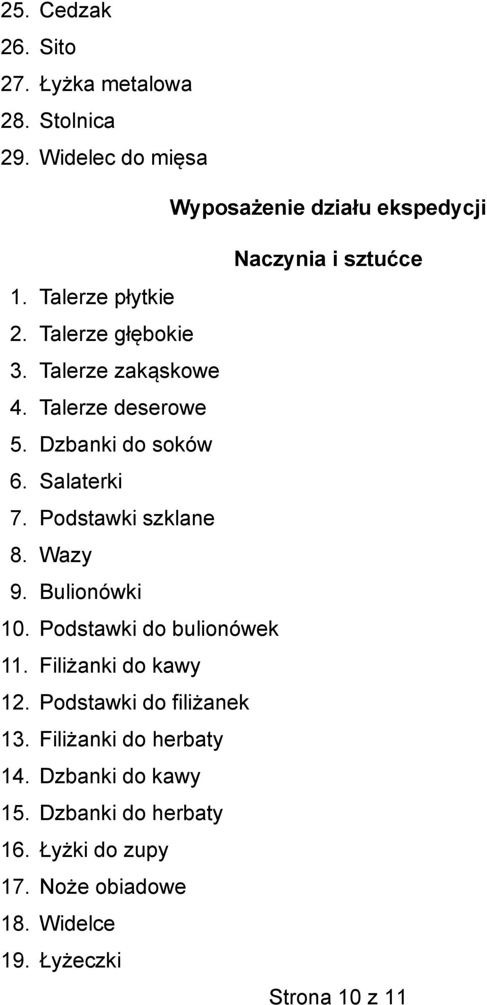 Podstawki szklane 8. Wazy 9. Bulionówki 10. Podstawki do bulionówek 11. Fili anki do kawy 12. Podstawki do fili anek 13.