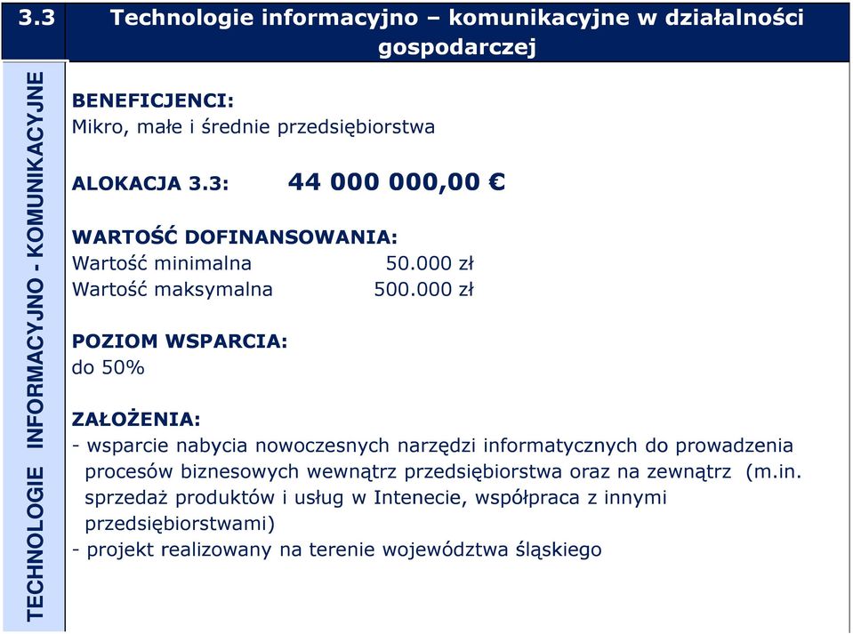 000 zł POZIOM WSPARCIA: do 50% ZAŁOśENIA: - wsparcie nabycia nowoczesnych narzędzi informatycznych do prowadzenia procesów biznesowych wewnątrz