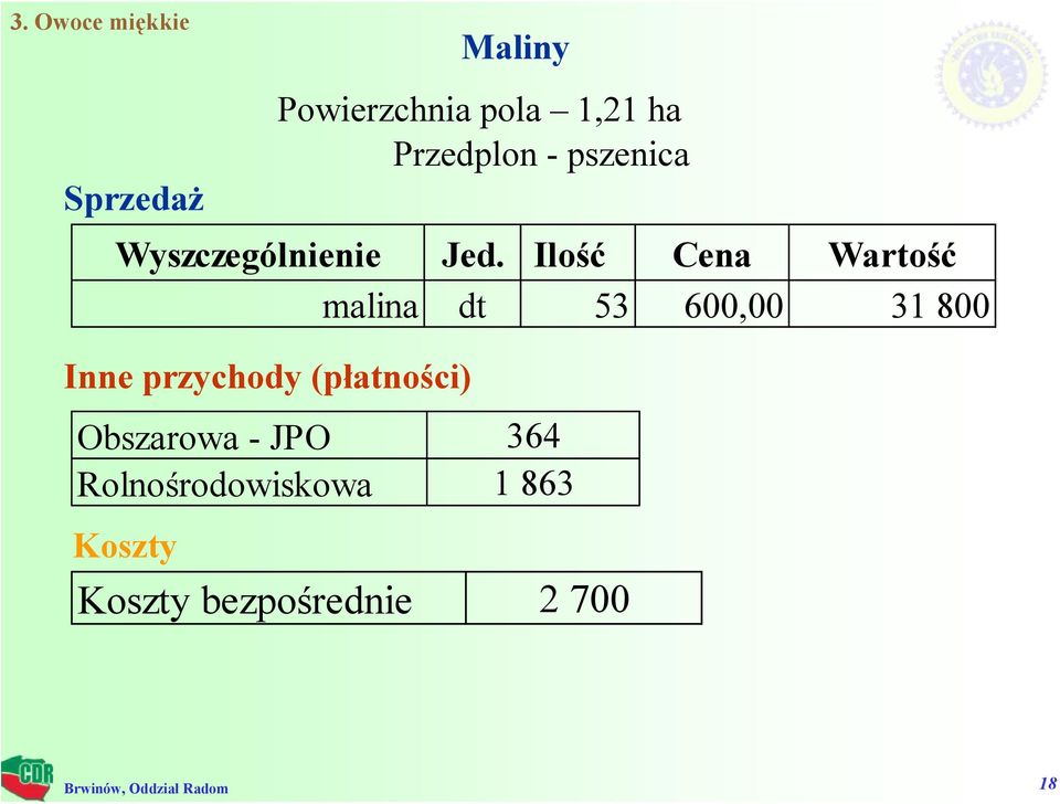 Ilość Cena Wartość malina dt 53 600,00 31 800 Inne przychody