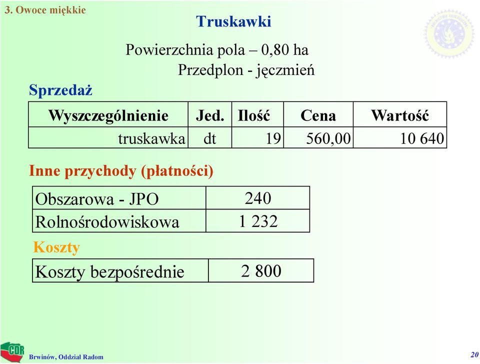 Ilość Cena Wartość truskawka dt 19 560,00 10 640 Inne przychody