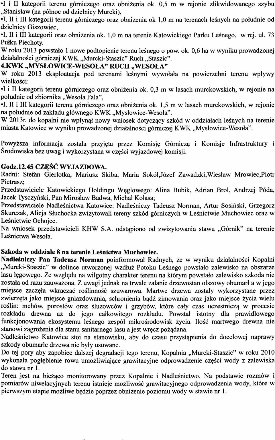 Giszowiec, -I, II i III kategorii oraz obniżenia ok. 1,0 m na terenie Katowickiego Parku Leśnego, w rej. ul. 73 Pułku Piechoty. W roku 2013 powstało 1 nowe podtopienie terenu leśnego o pow. ok. 0,6 ha w wyniku prowadzonej działalności górniczej KWK "Murcki-Staszic" Ruch "Staszic".